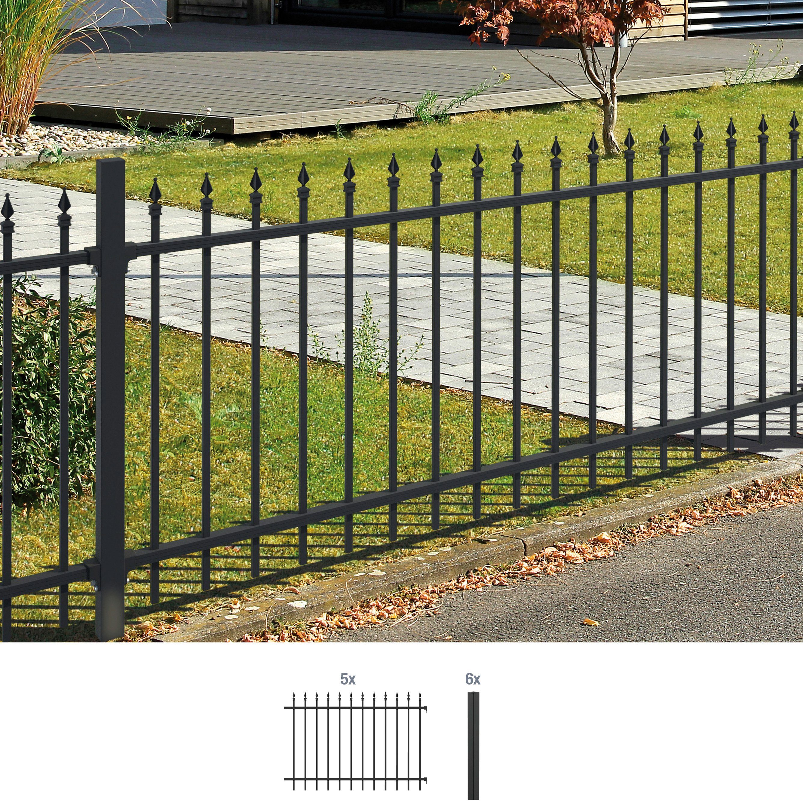 GAH Alberts Metalen hek Chaussee Hoogte: 100 en 120 cm, totale lengte: 10 m, voor plaatsing in beton (set, 12 stuks) hekken maat 10 m x 120 cm zwart