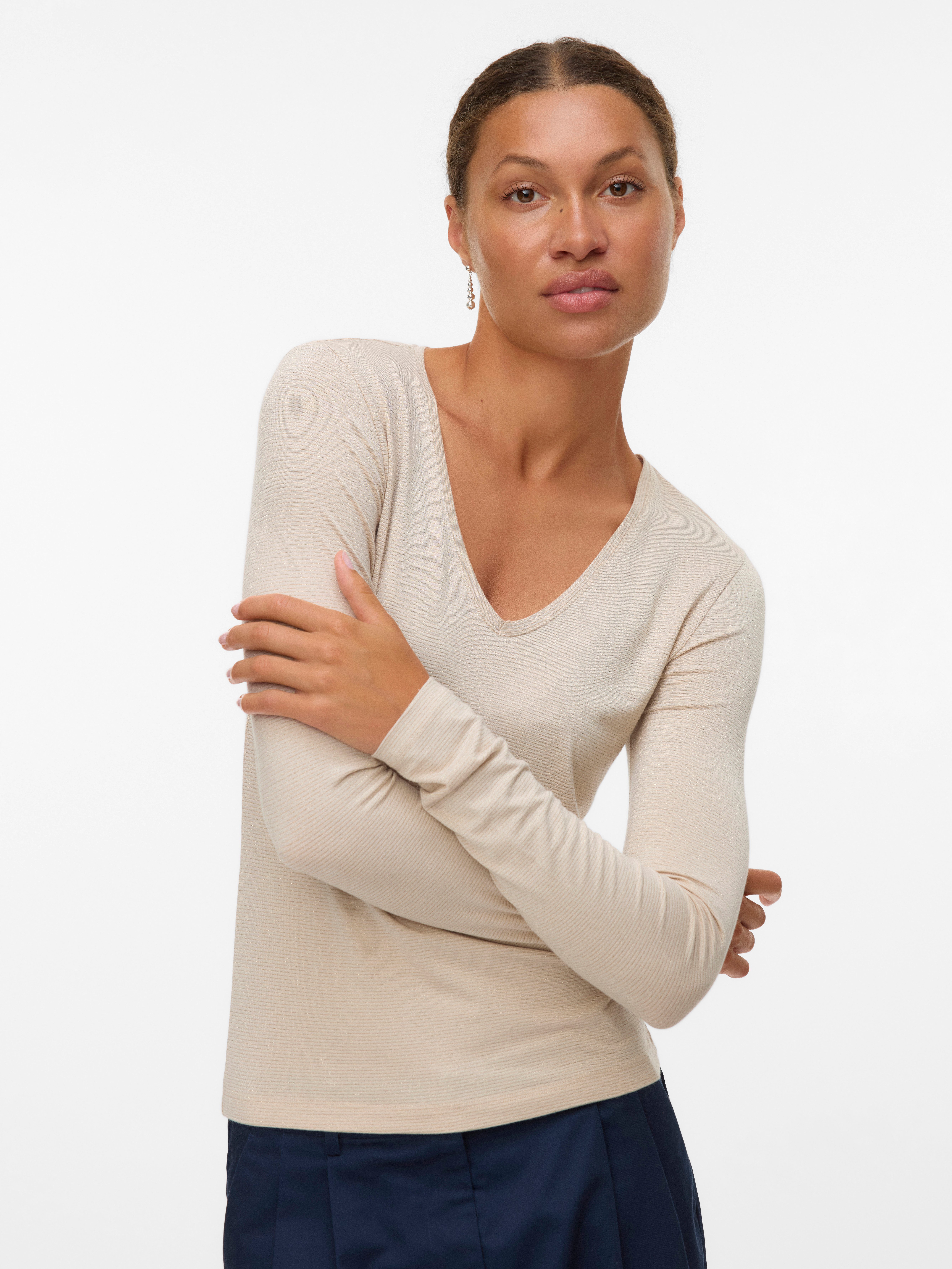Vero Moda Shirt met lange mouwen VMLAVA GLITTER LS V-NECK TOP STRIPE NOOS dames longsleeves maat M beige