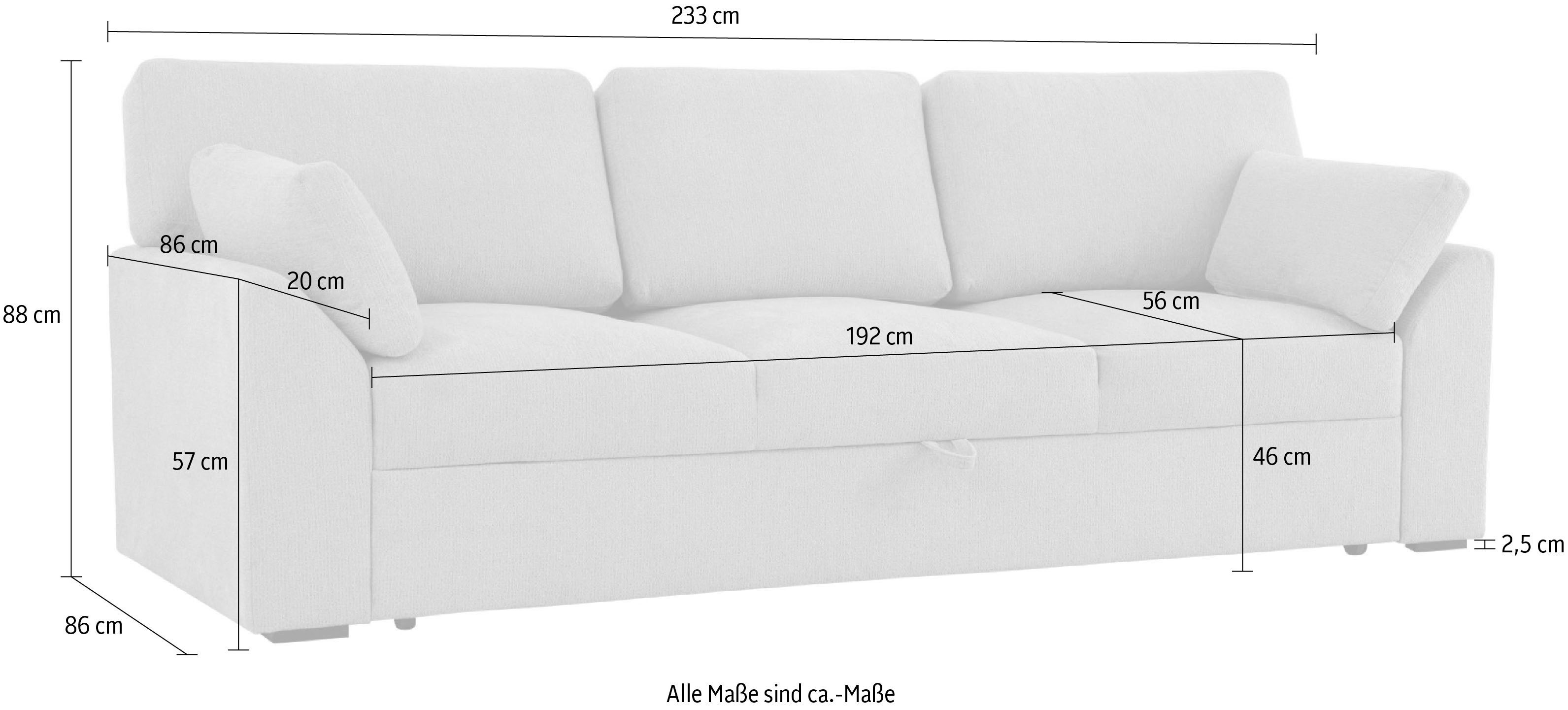 Home affaire 3-zitsbank Citry Breedte 233 cm, chenille, met bedfunctie, ligoppervlak 144x190 cm