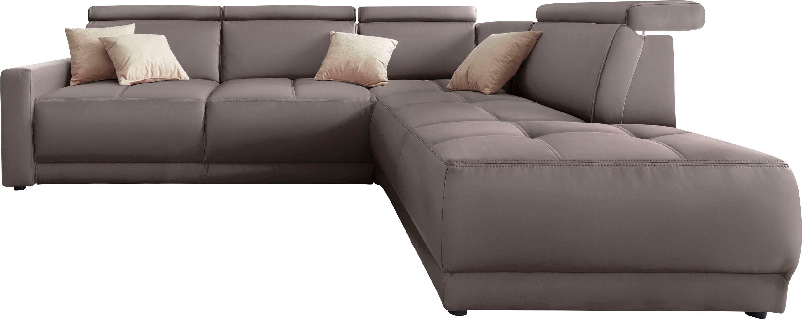 DOMO collection Hoekbank Ava, moderne zitstiksels met mooie dubbele naad, comfortabel, L-vorm met ottomane, inclusief veren, optioneel met hoofdeinde verstellingen