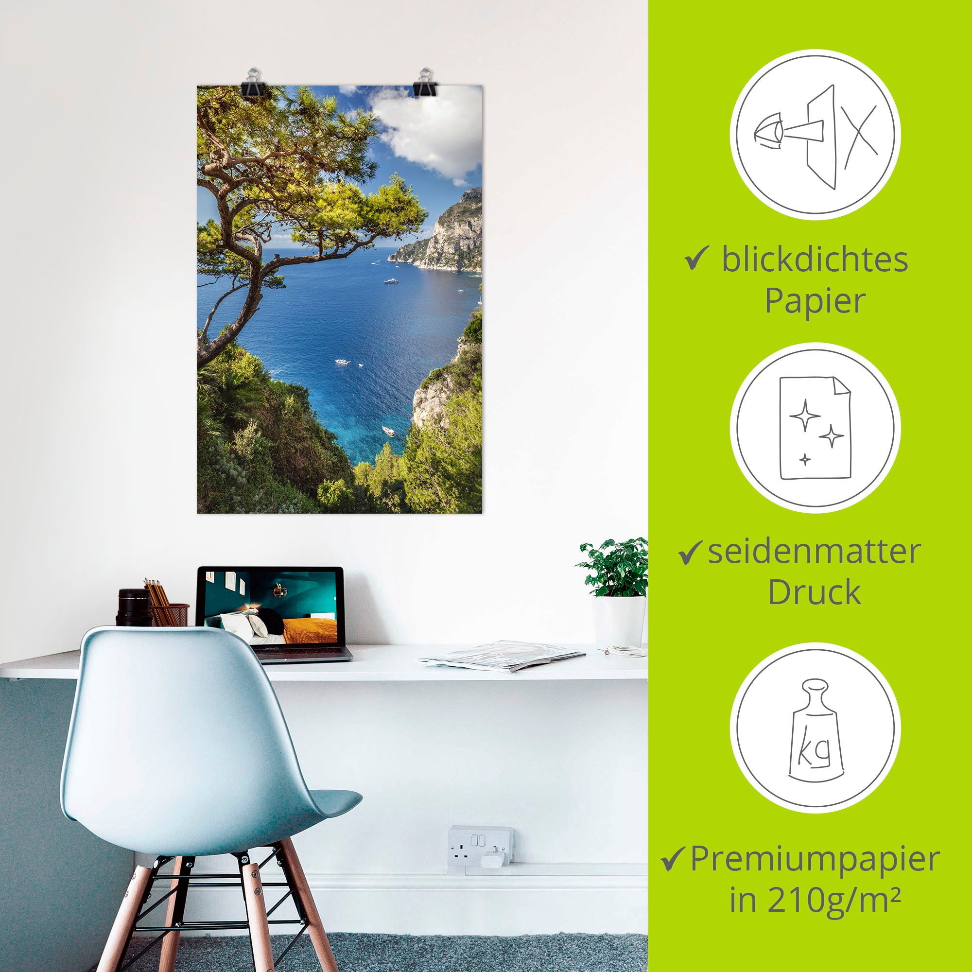 Artland Artprint Punta de Masullo, eiland capri, Italië als artprint van aluminium, artprint voor buiten, artprint op linnen, poster, muursticker