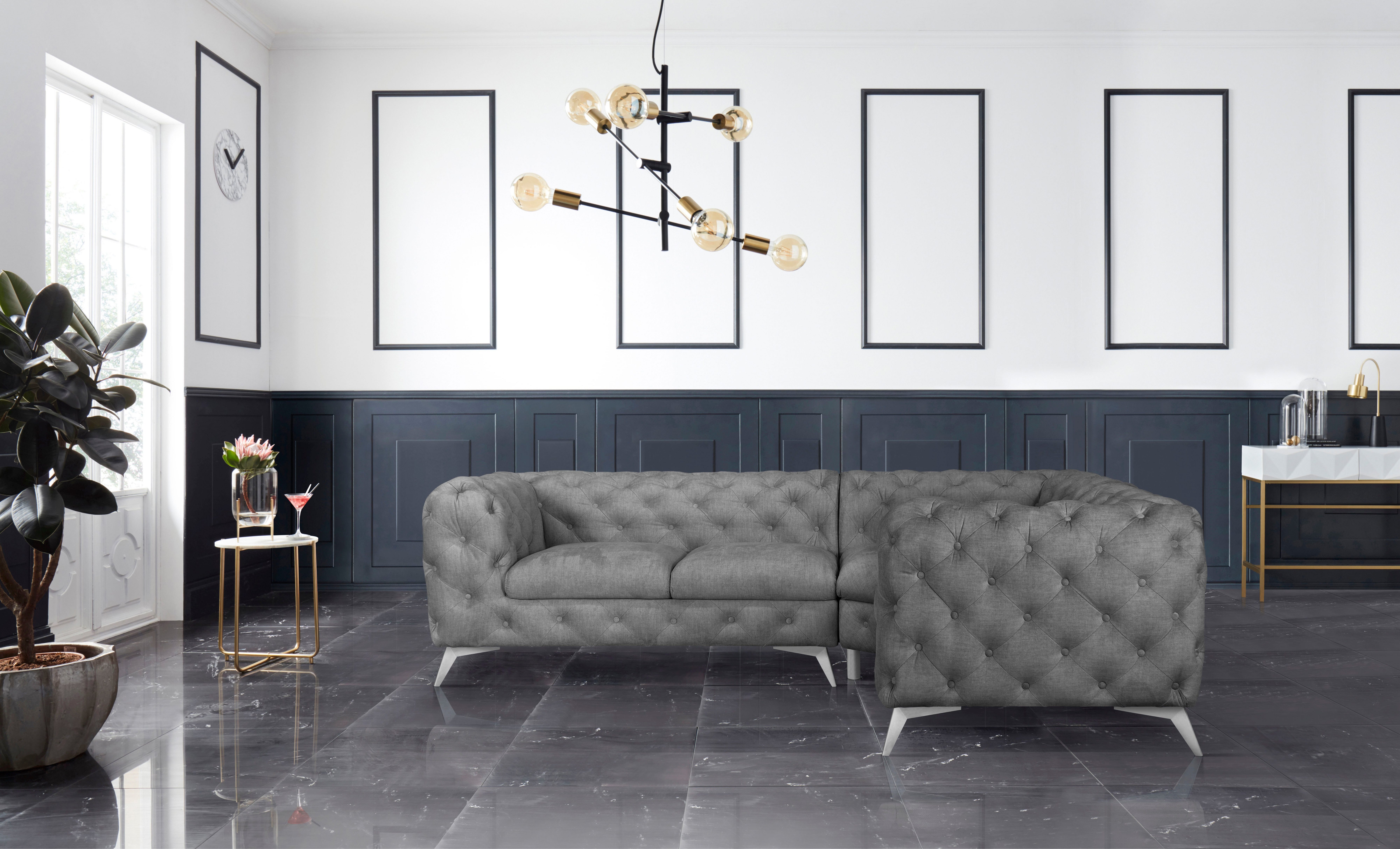 Leonique Chesterfield-bank Glynis L-vorm luxueuze capitonnage, moderne chesterfield look, kleur van de poten ter keuze