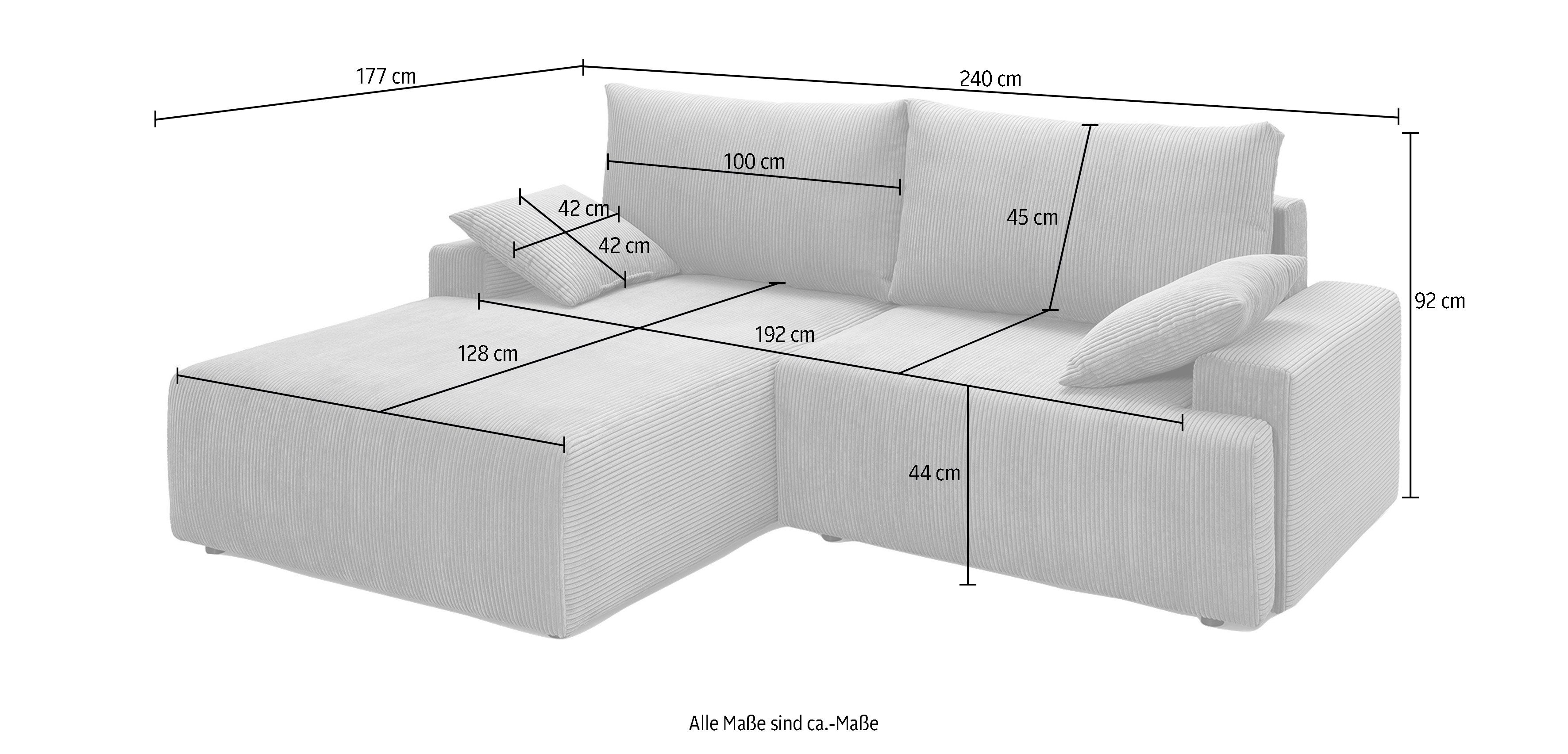 exxpo - sofa fashion Hoekbank Orinoko, actueel design en hoog zitcomfort, L-vorm inclusief bedfunctie en bedlade, mooie kleuren in trendy cord