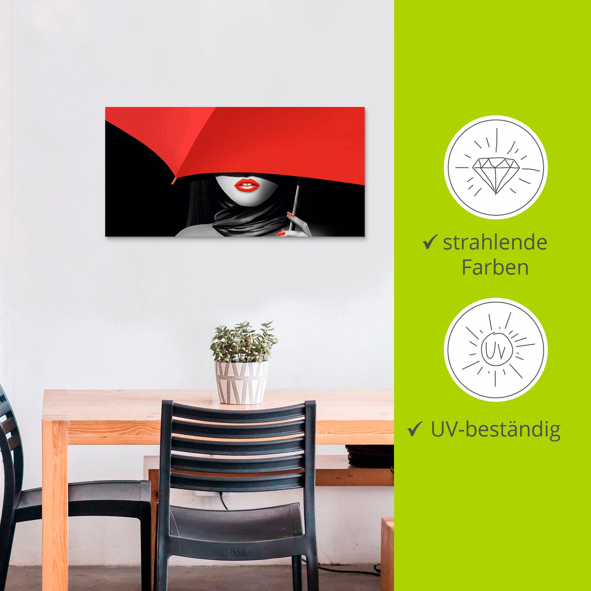 Artland Artprint Rode lippen onder de paraplu als artprint van aluminium, artprint voor buiten, poster, muursticker in diverse maten formaten