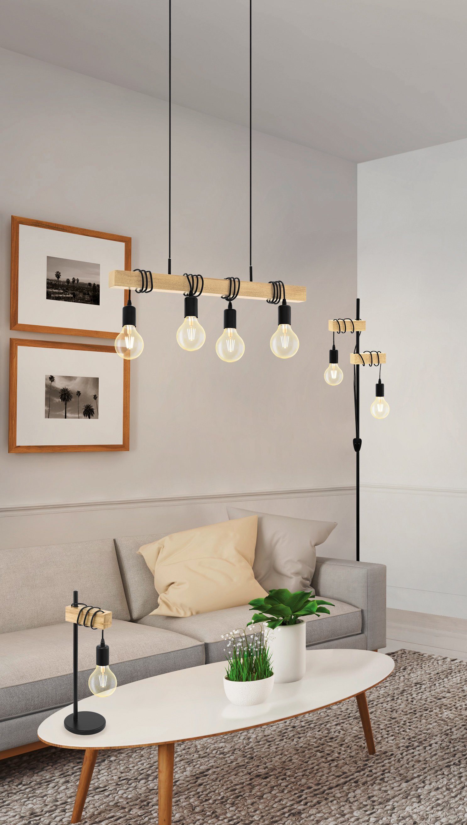 EGLO Hanglamp TOWNSHEND zwart, bruin / l70 x h110 x b10,5 cm / vintage / retro / eettafel