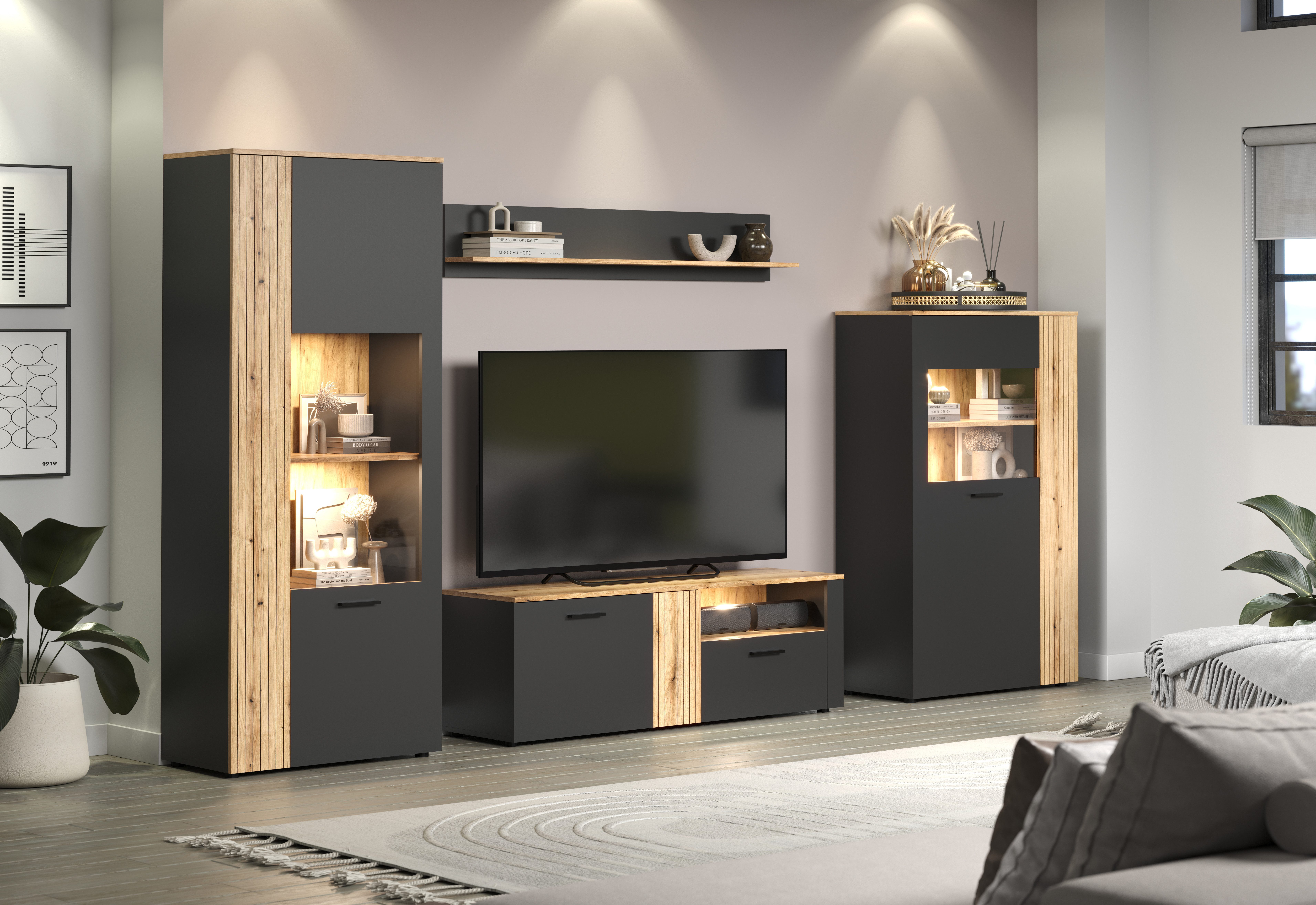 INOSIGN Wandmeubel Estepona Woonkamermeubilair met groevenlook - (B/D/H): 340/42/195 cm (complete set, 4-delig)