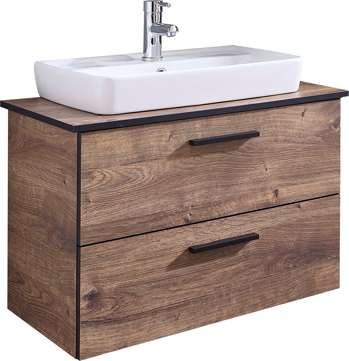 Saphir Badkamerserie Quickset keramische opzetwaschtisch met onderkast, 73 cm breed (3-delig) badmeubelsets bruin