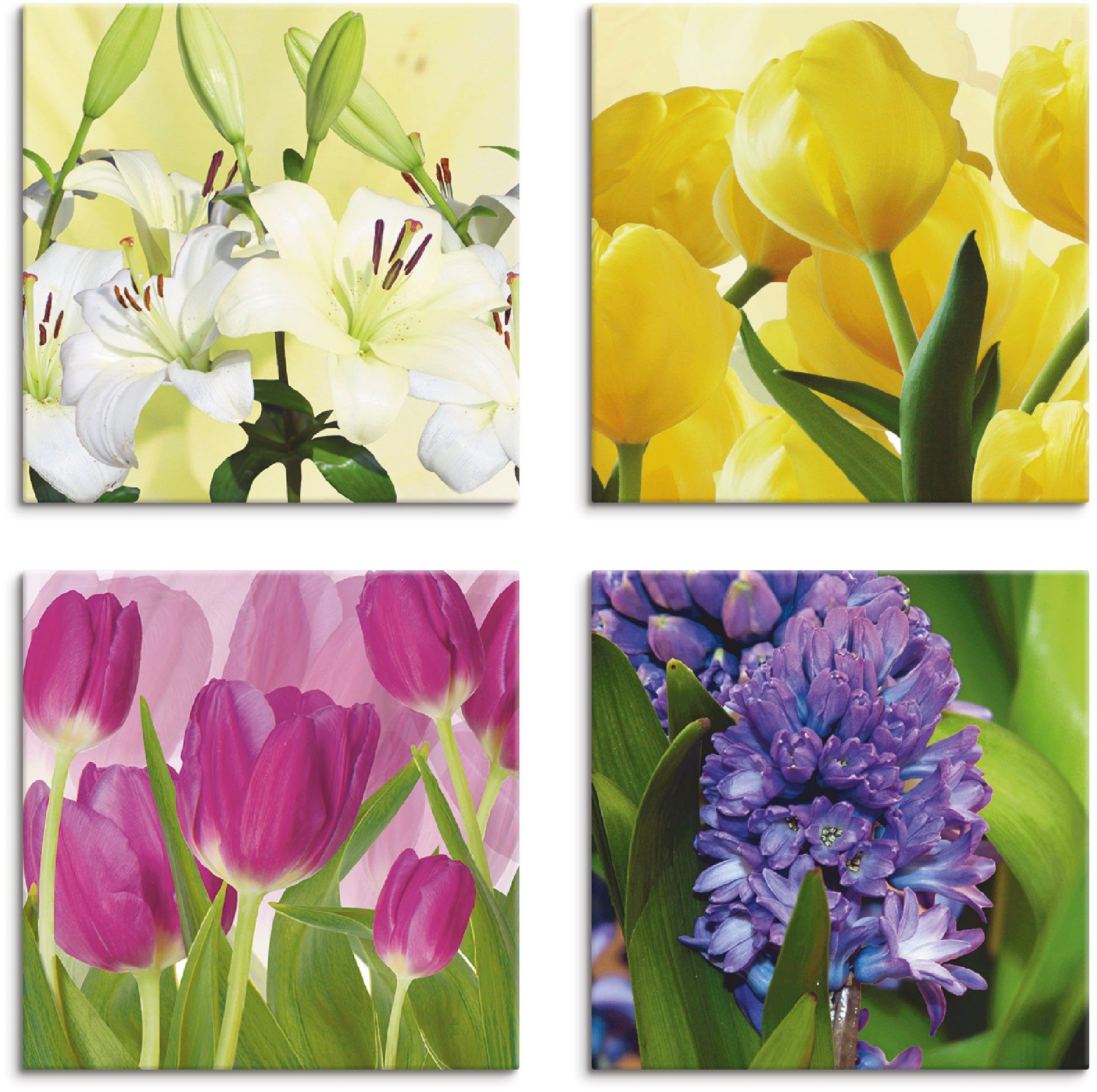 Artland Artprint op linnen Tulpen lelies hyacint (4 stuks)
