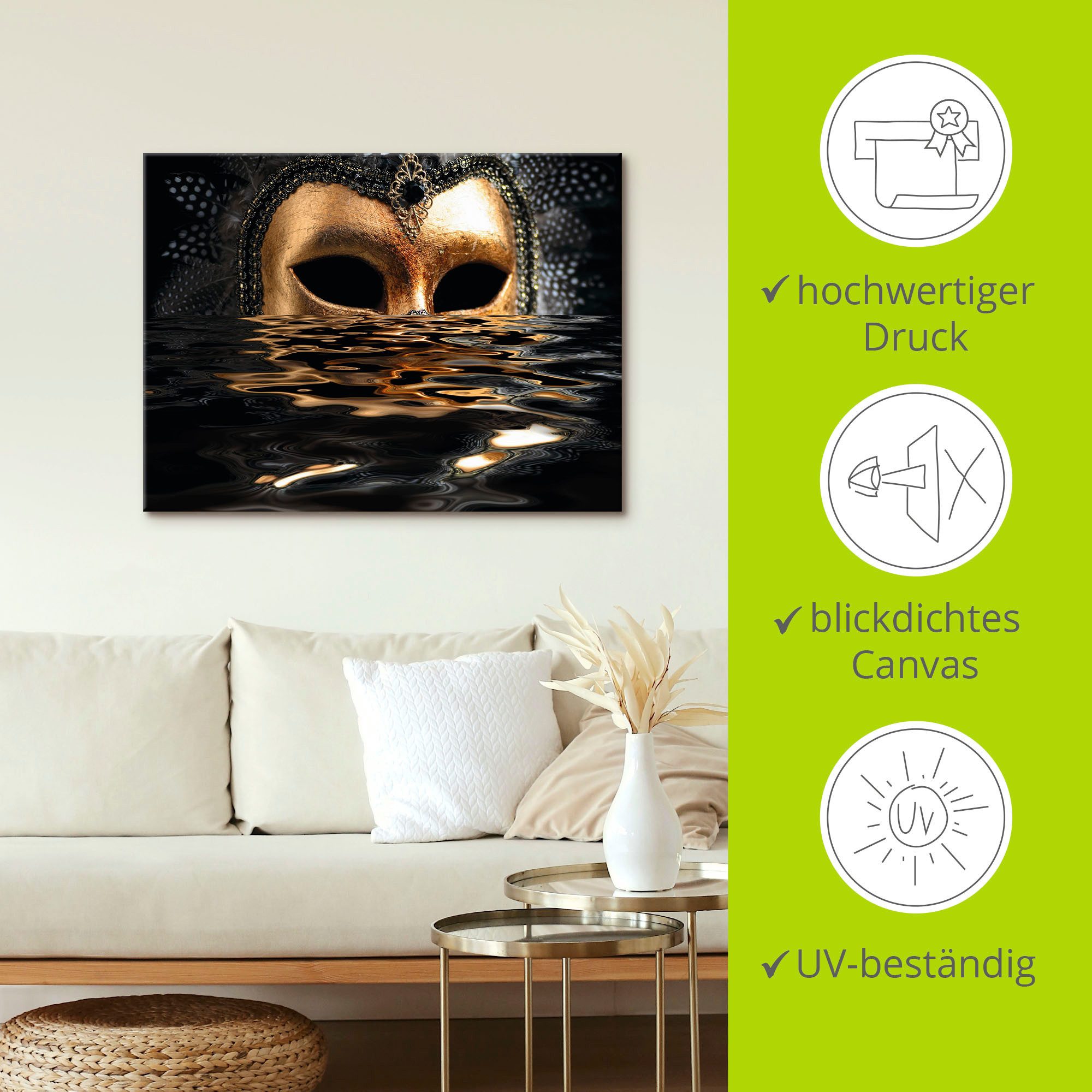 Artland Artprint Venetiaans masker met bladgoudkleur als artprint van aluminium, artprint voor buiten, artprint op linnen, poster, muursticker