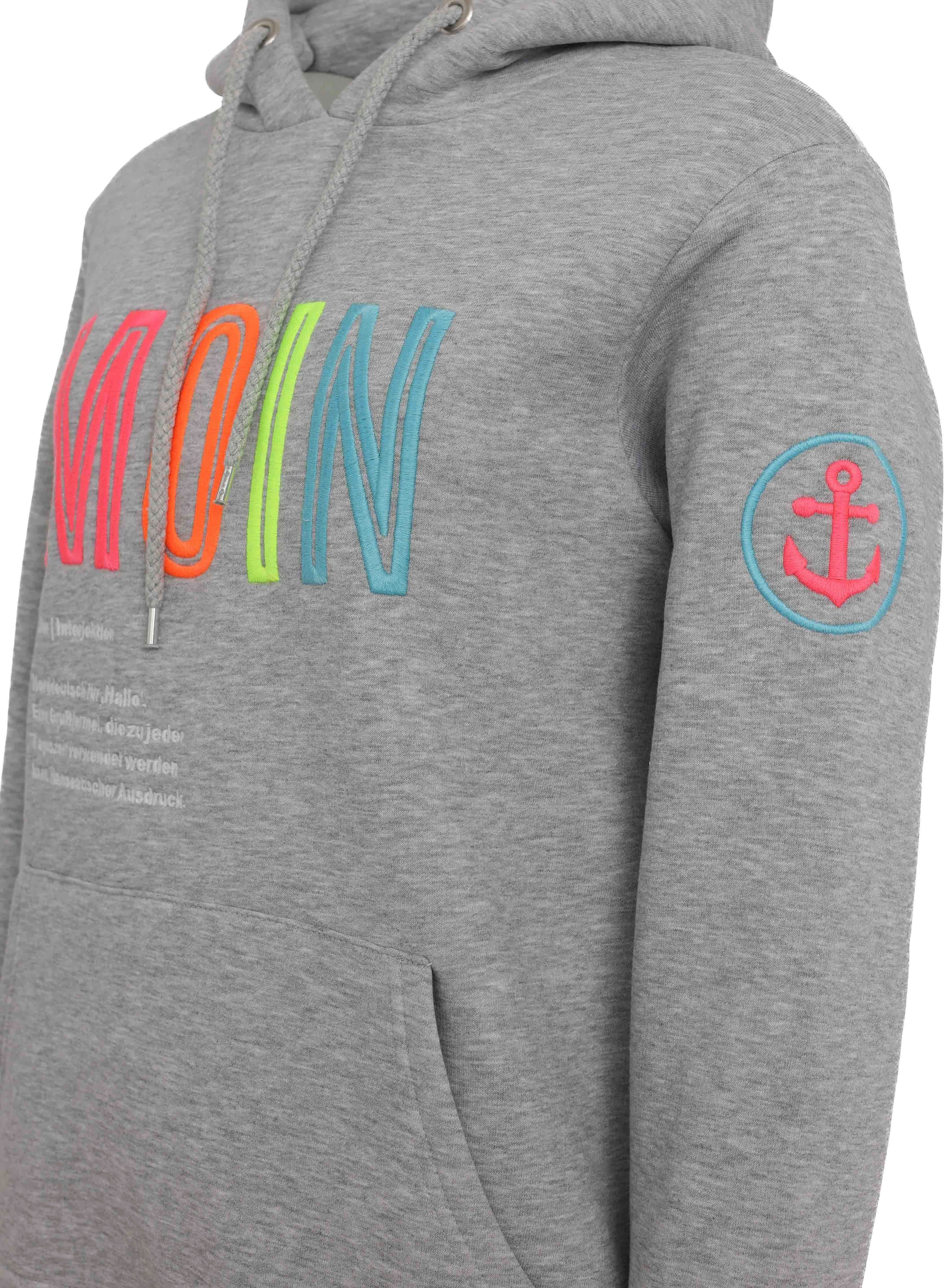 Zwillingsherz Sweatshirt met geborduurd "moin"-schrift in neonkleuren