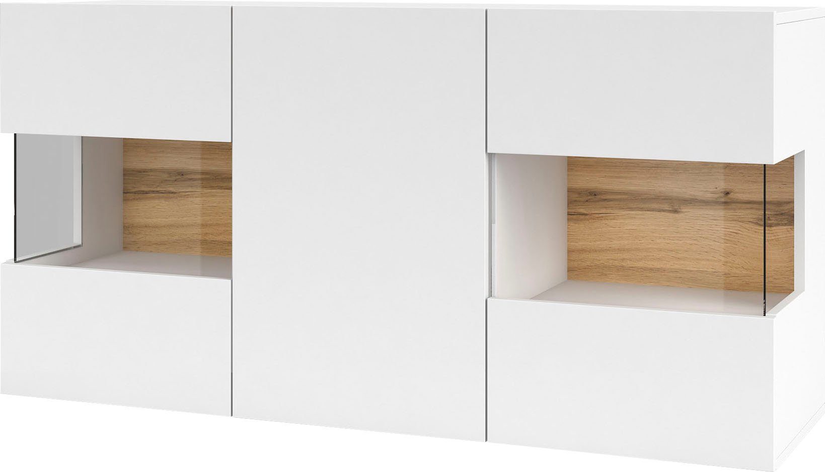 INOSIGN Dressoir Ava, breedte 120 cm, hangend en staand te monteren moderne grepless commode, buffet, 3 deuren, hoekverglasingen