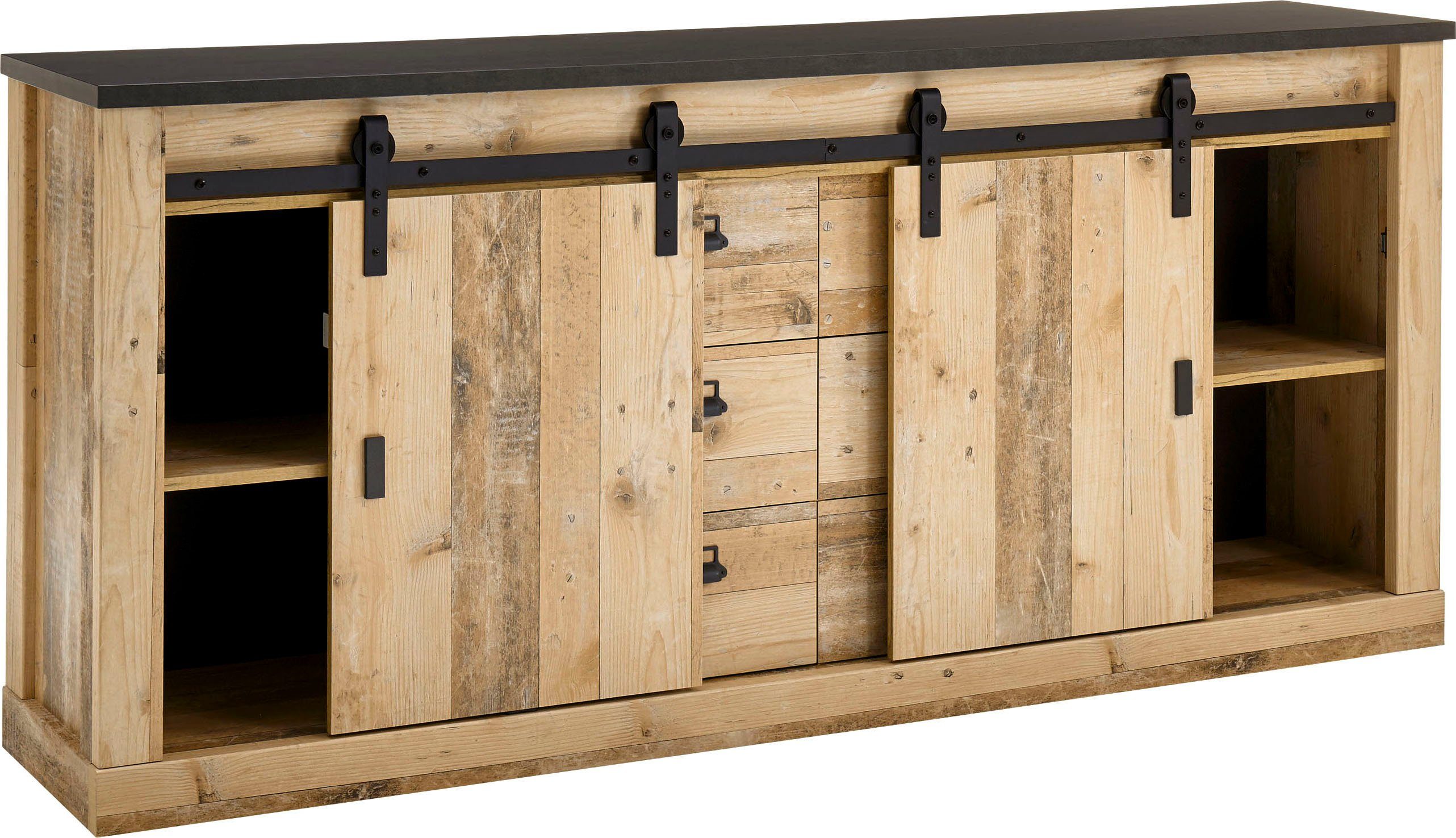 Home affaire Dressoir Sherwood modern houtdecor, met schuurdeurbeslag van metaal, breedte 201 cm