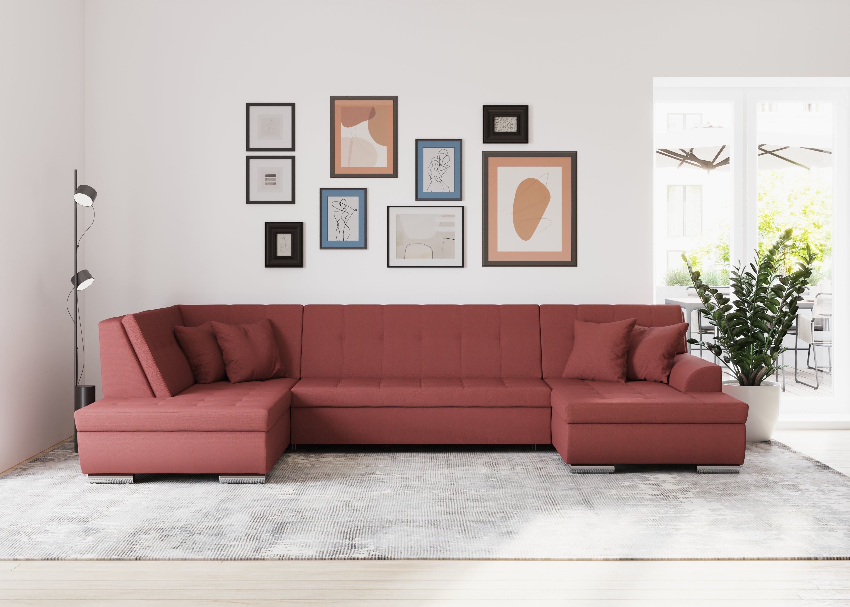 DOMO collection Zithoek Treviso inclusief sierkussen, moderne stiksels, XXL: B/D/H: 364/201/83 cm naar keuze met slaapfunctie, in vele soorten