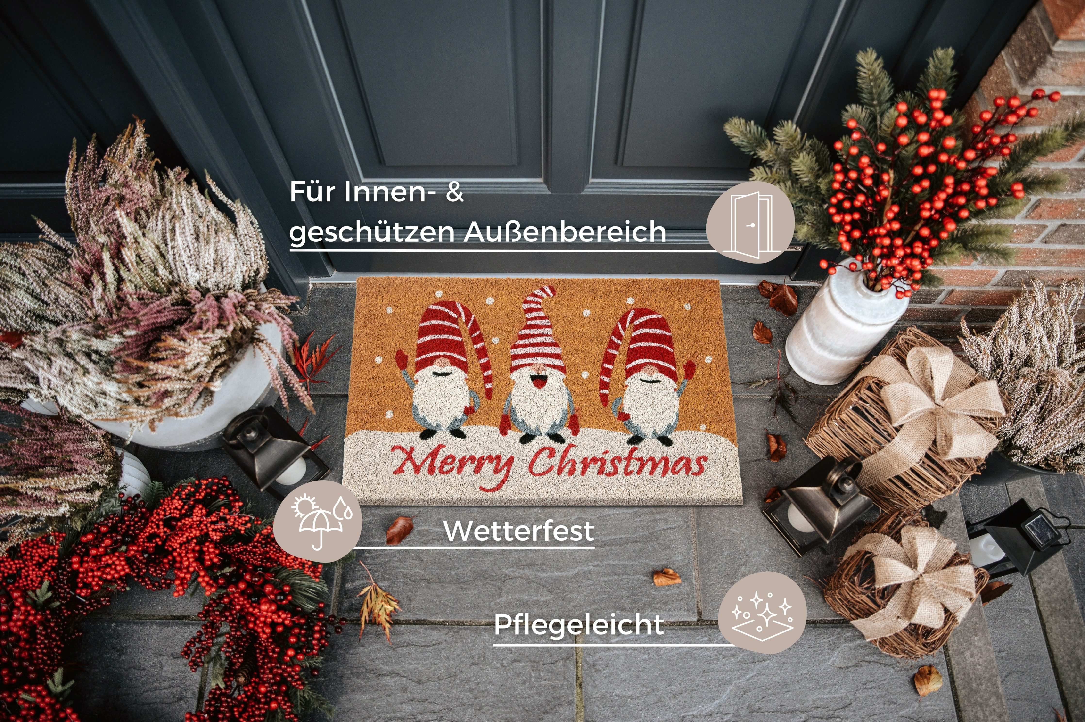 HANSE Home Mat Kokos Gnomes Merry Christmas, deurmat Vuilafstotende mat, antislip, buiten, kerst, kokosmat, dwerg