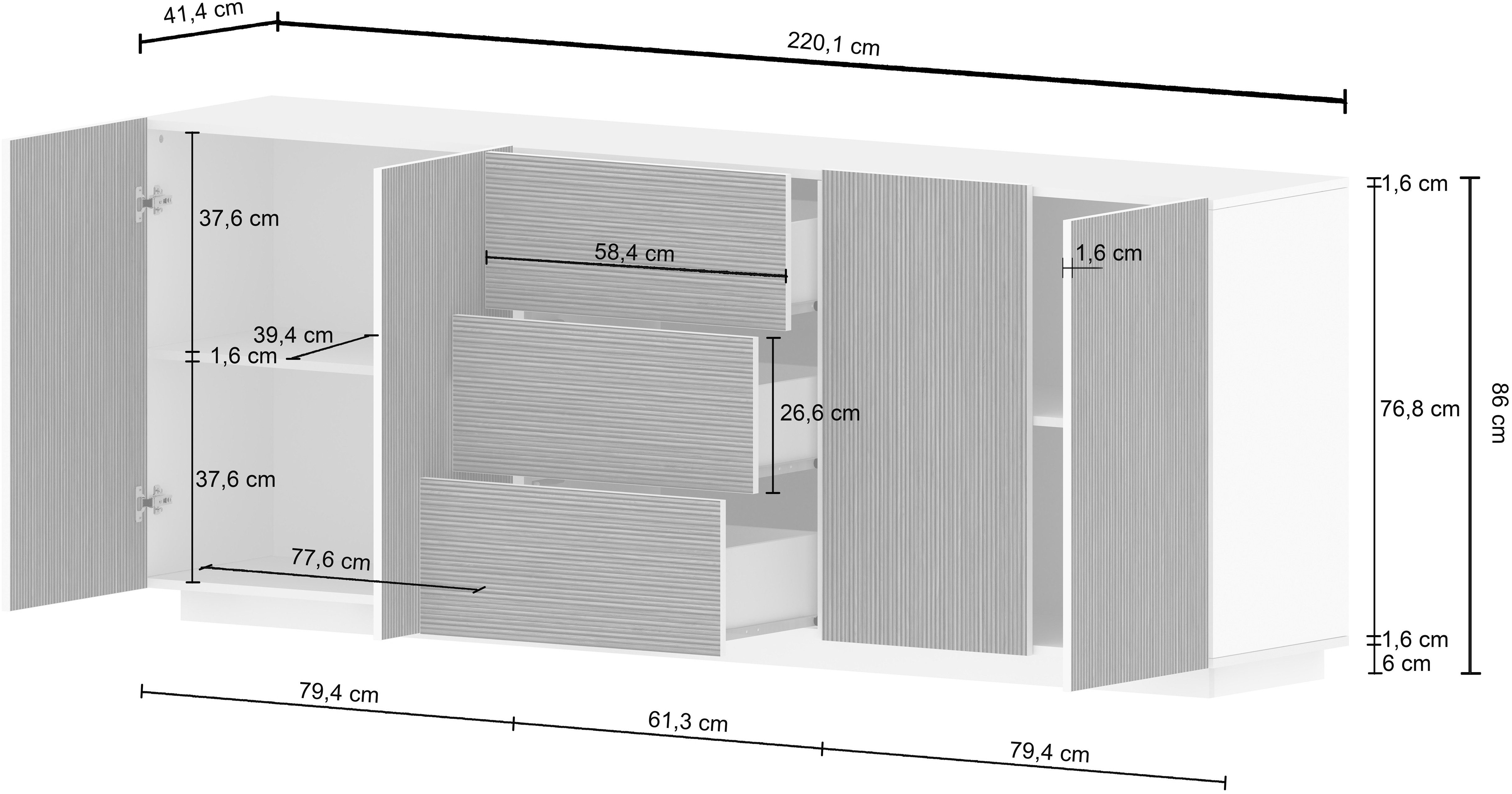 INOSIGN Dressoir Vega Sideboard, Ladekast, 220 cm met 4 deuren en 3 lades, fronten met groeflook