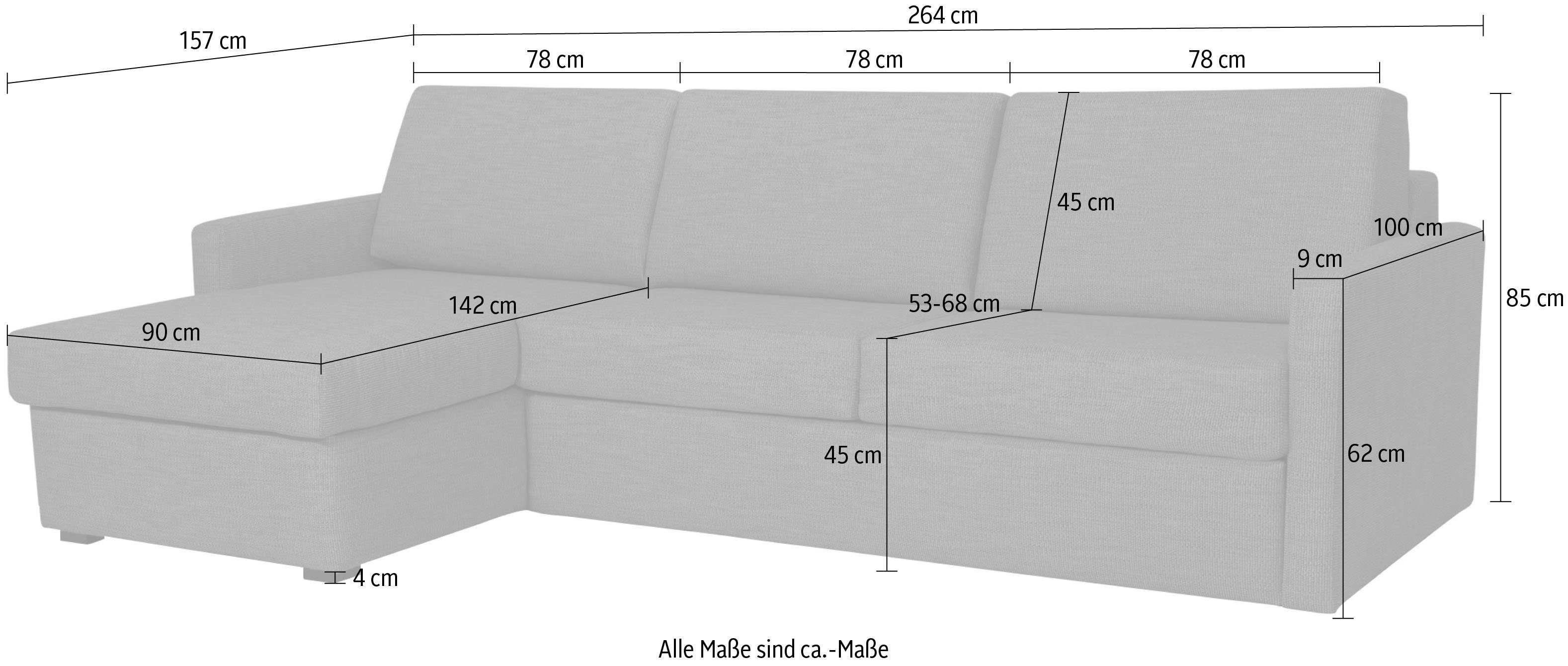 Places of Style Slaapbank GOLDPOINT hoekbank 264 cm, ligoppervlak (140/200 cm), L-vorm, Slaapfunctie, Bonell-binnenveringsmatras en volwaardige bedfunctie