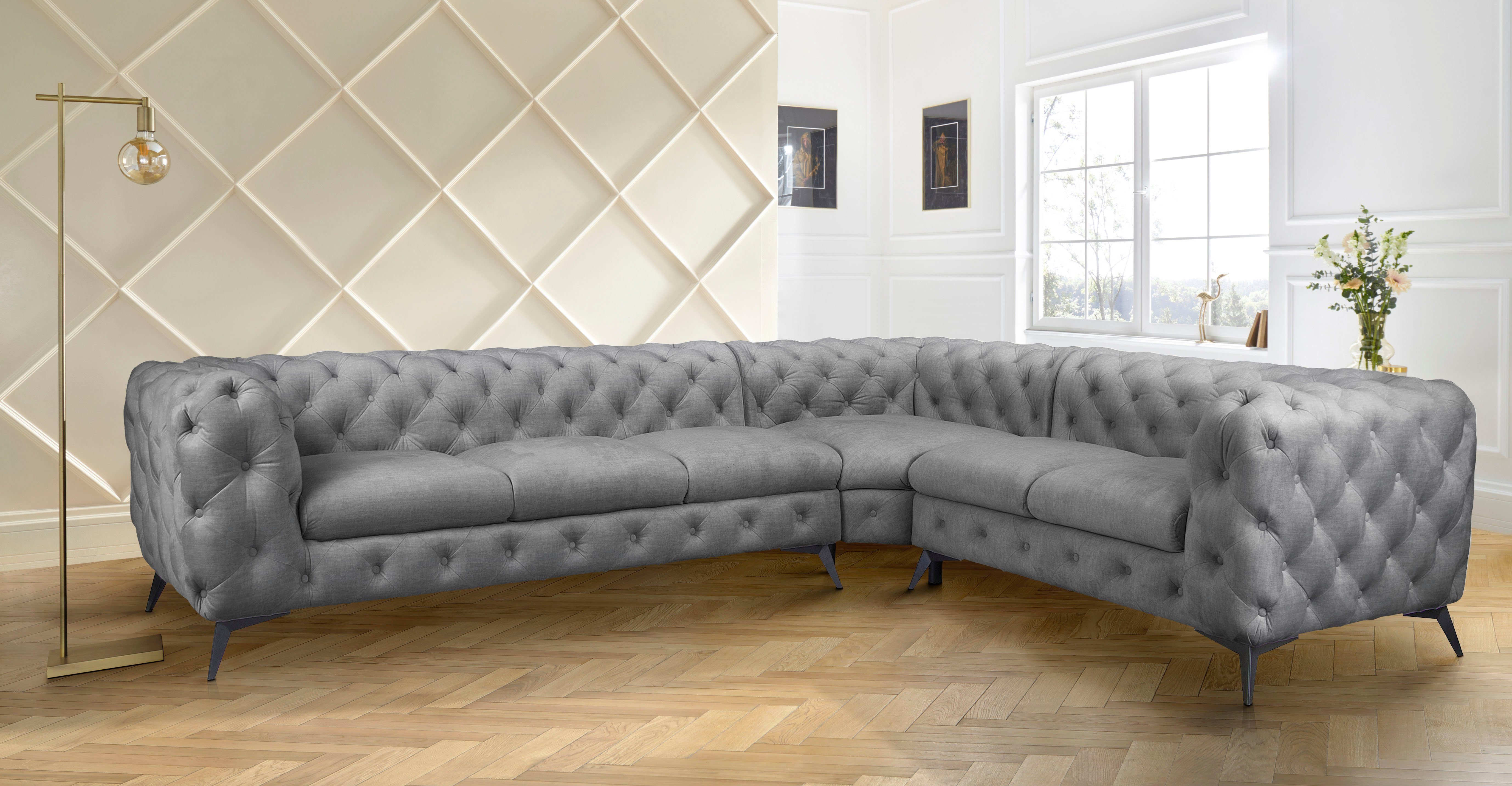 Leonique Chesterfield-bank Glynis L-vorm luxueuze capitonnage, moderne chesterfield look, kleur van de poten ter keuze