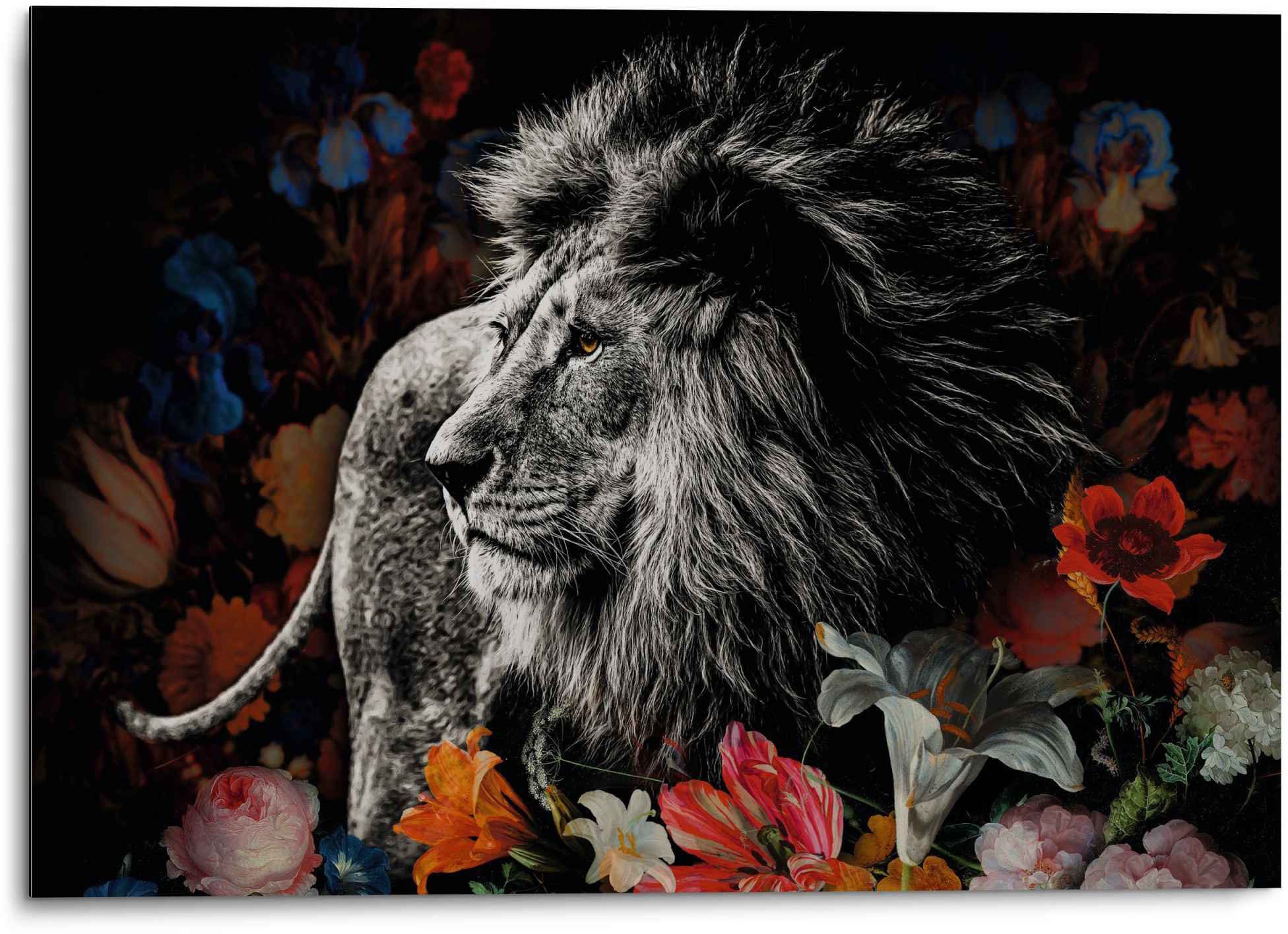 Reinders! Artprint Aluminium artprint leeuw in bloemen de Heem - krachtig - in vrolijke kleuren (1 stuk)