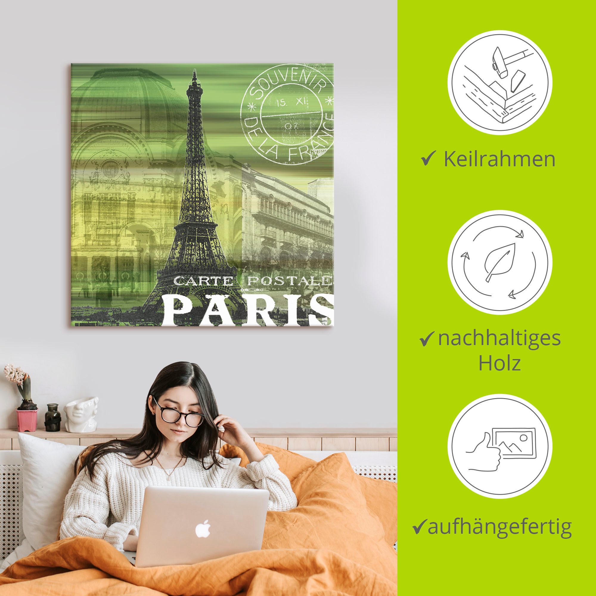 Artland Artprint op linnen Paris Collage - groen gespannen op een spieraam