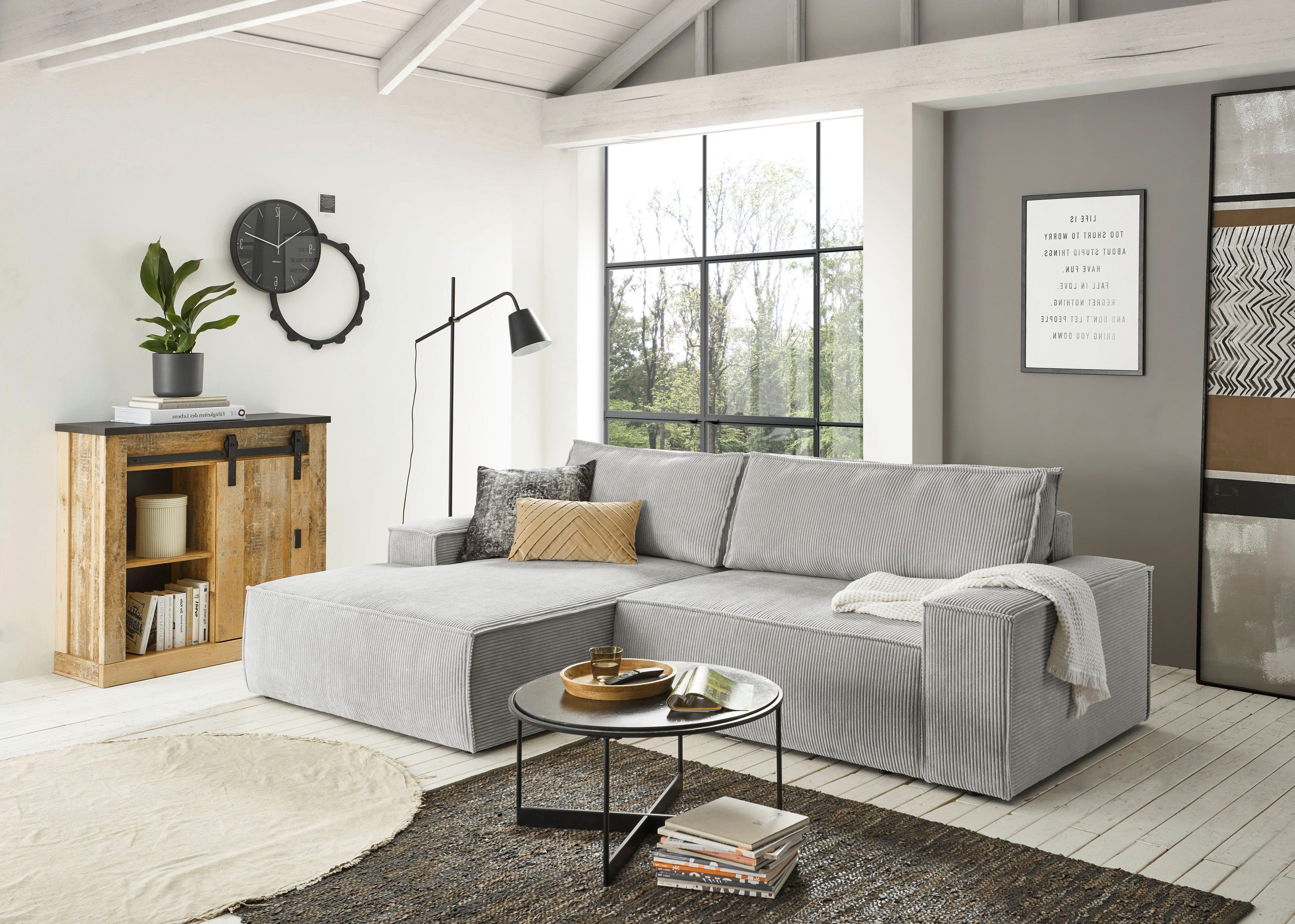 Home affaire Hoekbank SHERWOOD bedbank 267 cm, L-model, Slaapfunctie met bedlade (210x136 cm), cord, vintage, fluweel