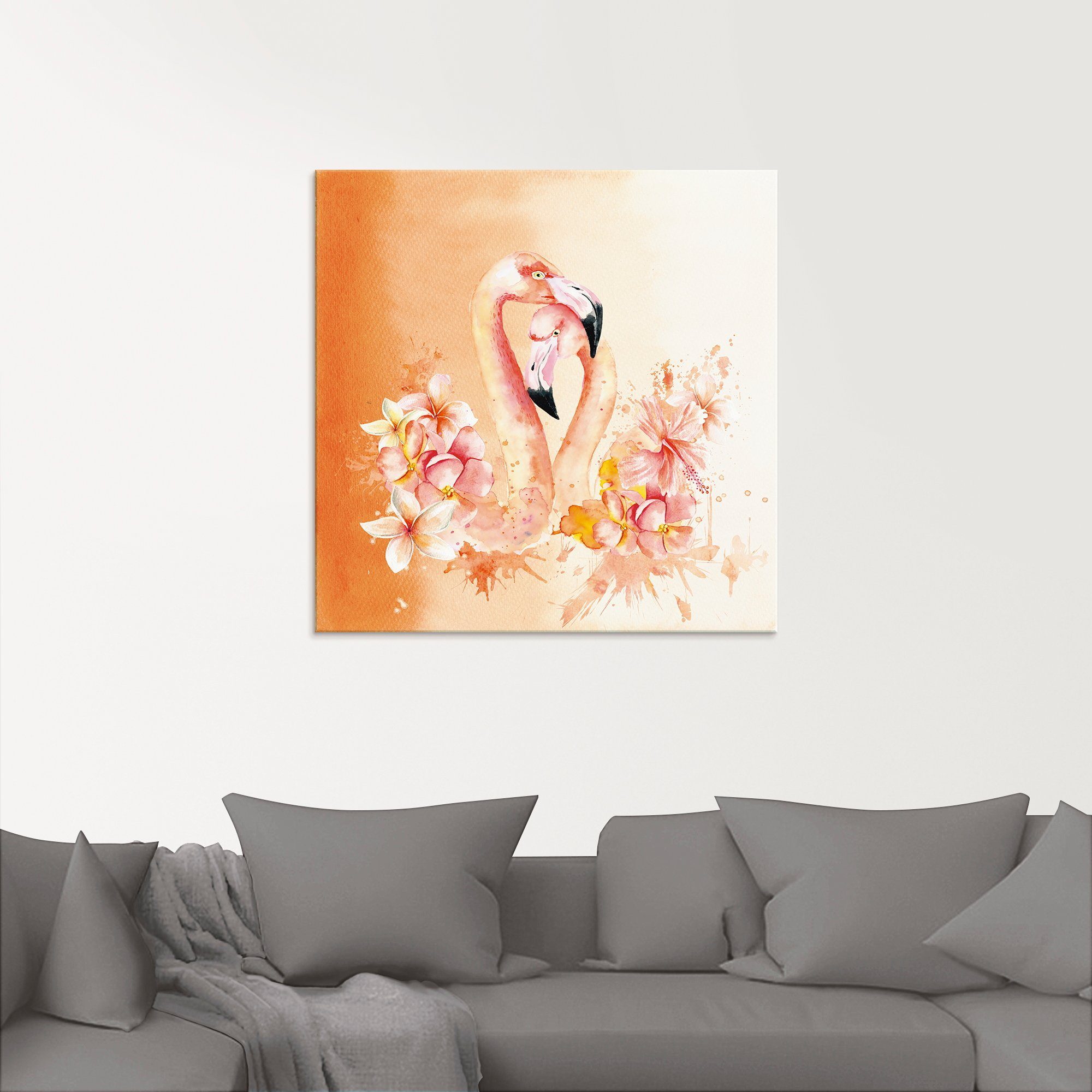 Artland Print op glas Oranje flamingo In Love- illustratie