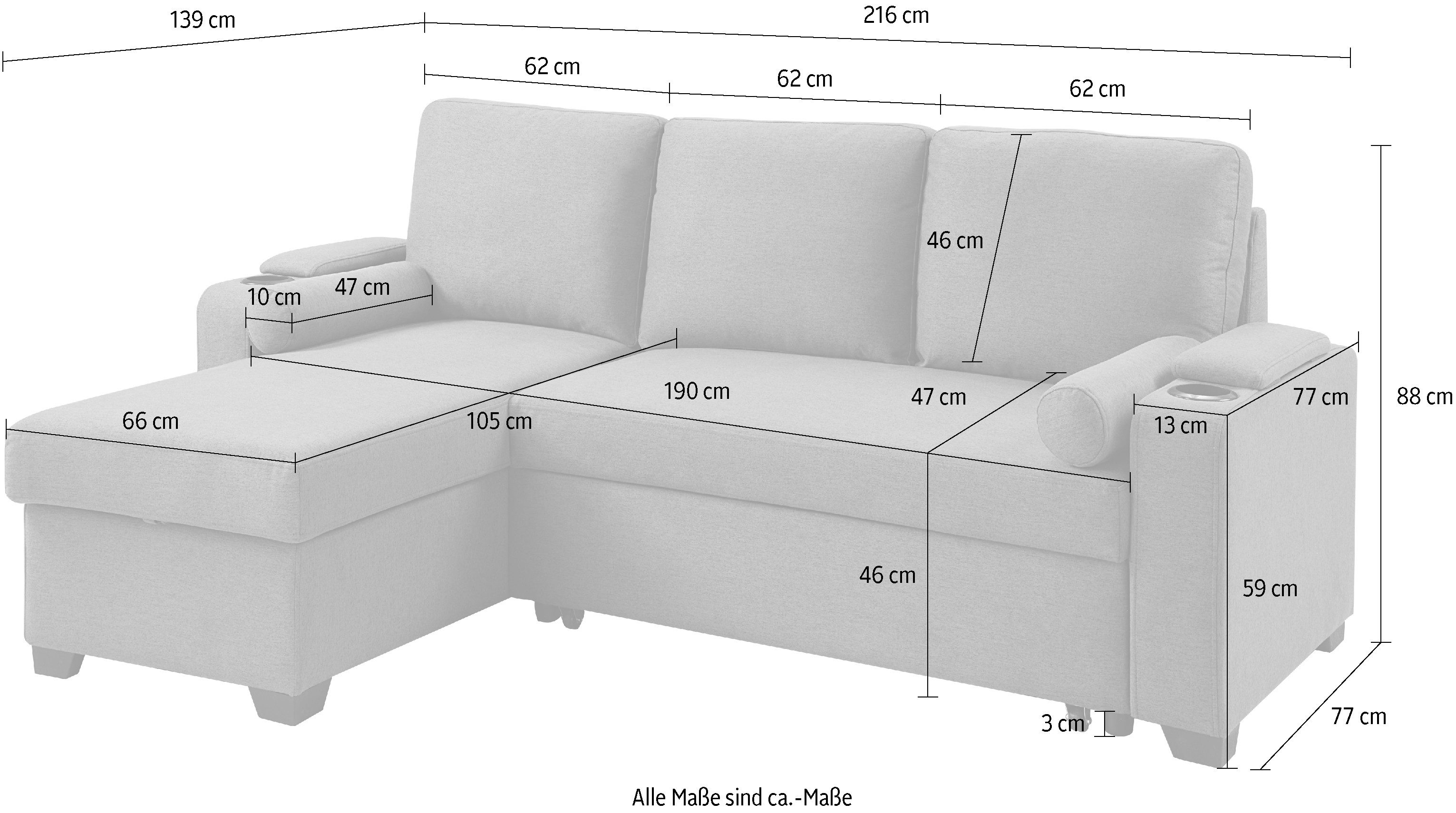 ATLANTIC home collection Hoekbank Gorje L-vorm met slaapfunctie, opbergruimte, bekerhouder, opbergvakken & kussenrollen