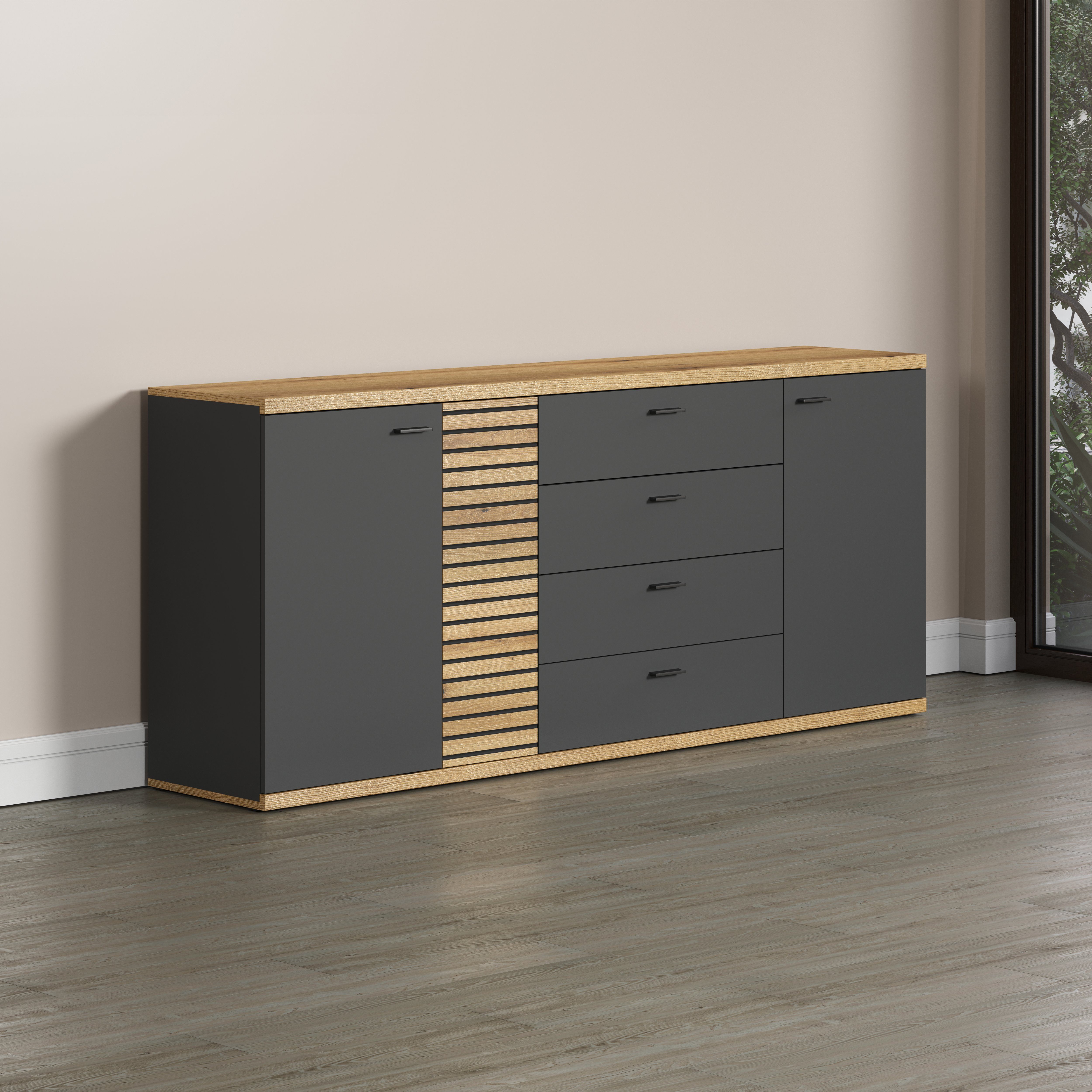 INOSIGN Dressoir GALWAY Commode met trendy ribbellook en Soft-Close - 186/42/85 cm