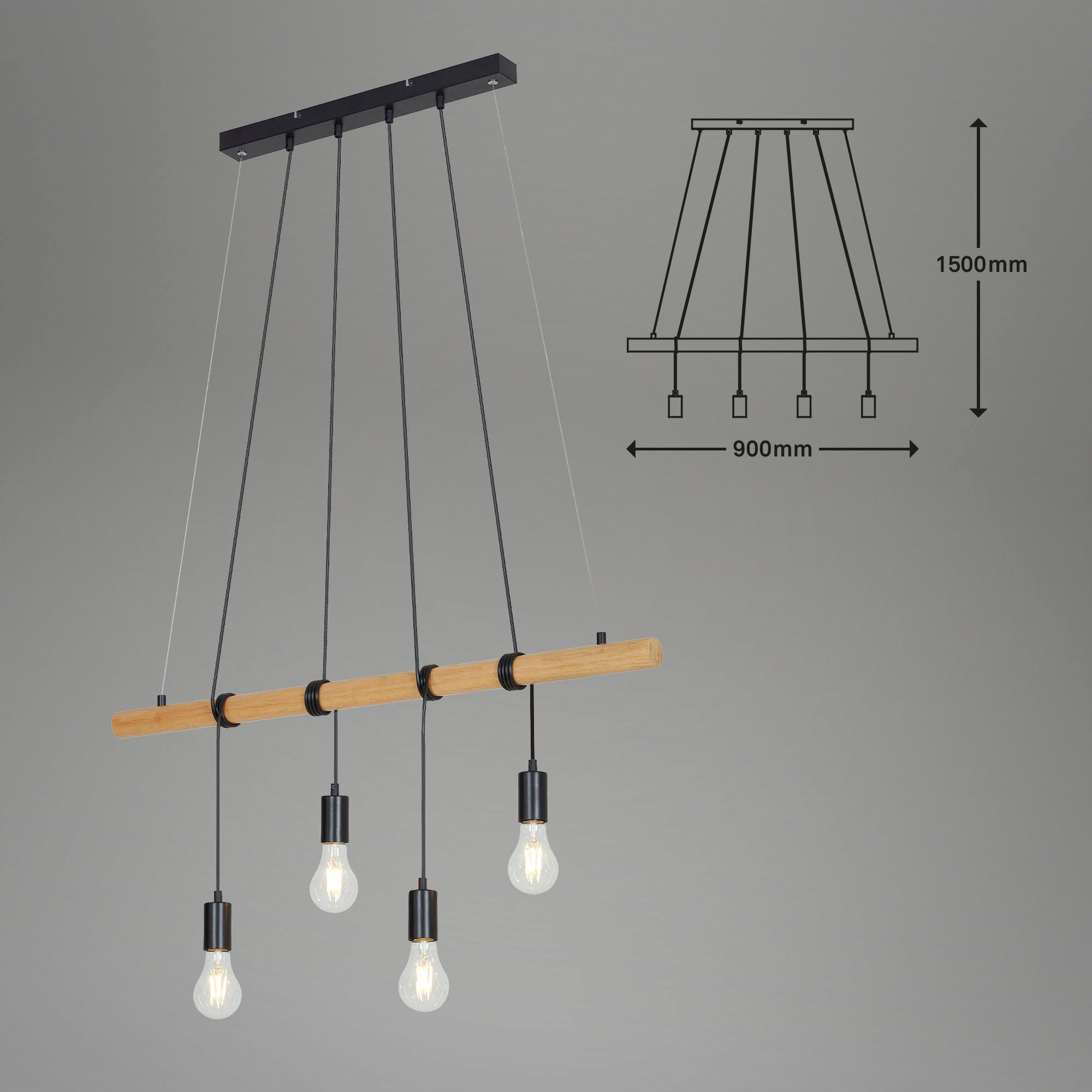 Briloner Leuchten Hanglamp hout/metaal zwart, 4xE27/max. 25W