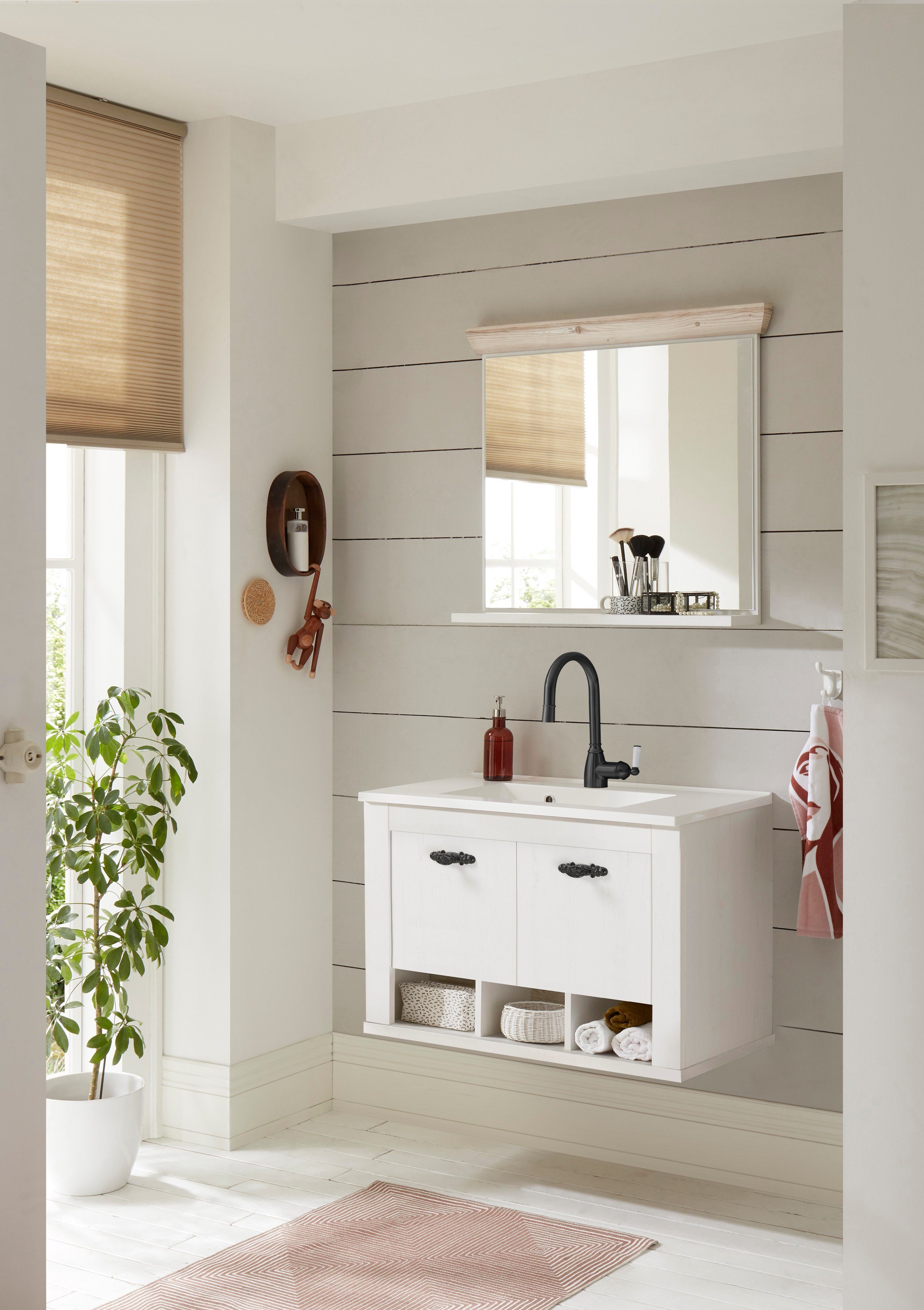 Home affaire Badspiegel Florenz, spiegel in landhuisstijl in pinie wit, met opbergruimte, breedte 80 cm