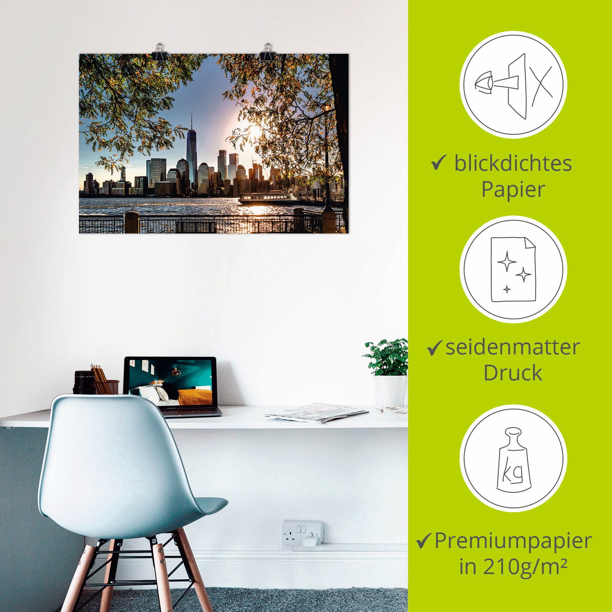 Artland Artprint Zonsopkomst boven New York als artprint van aluminium, artprint voor buiten, artprint op linnen, poster, muursticker