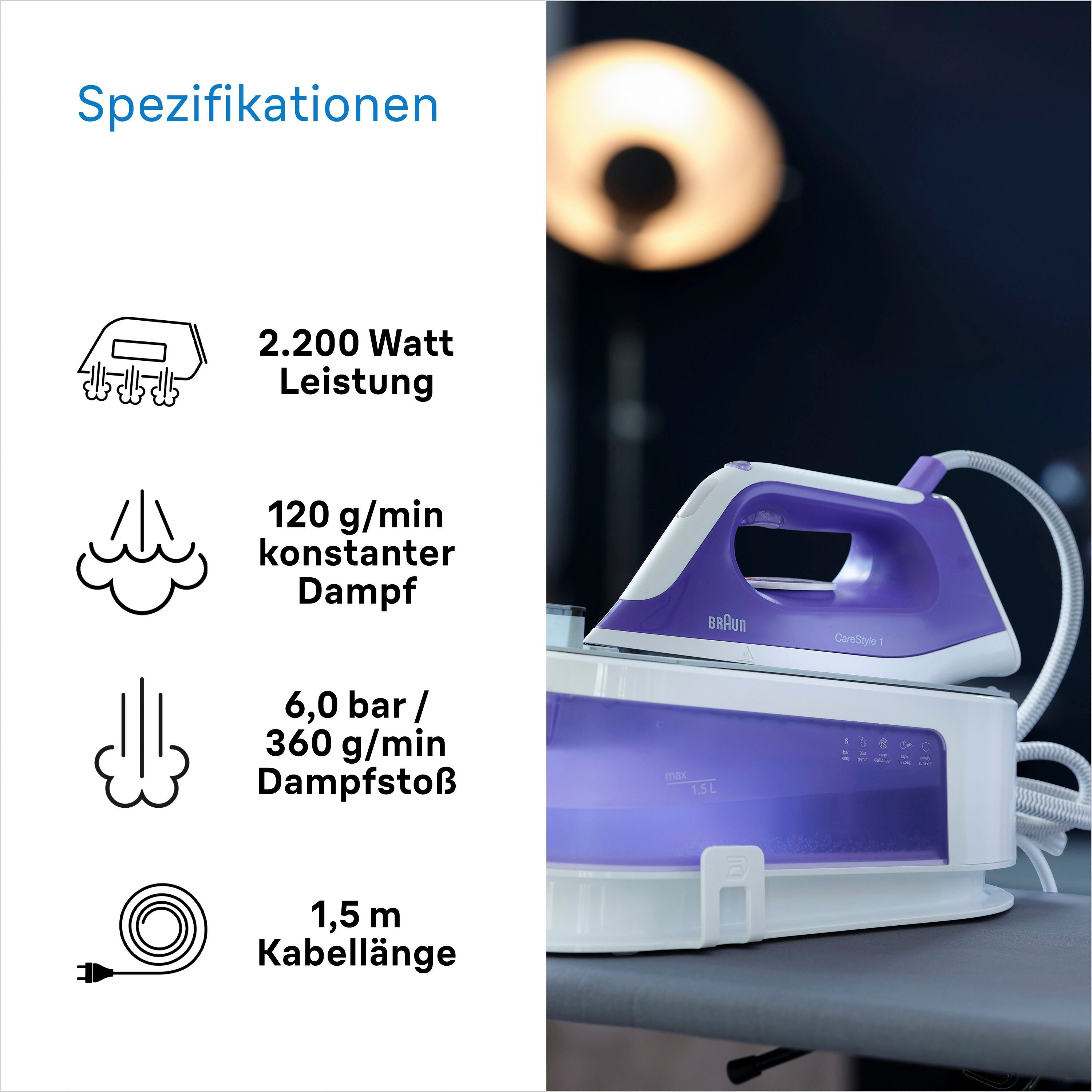 Braun Stoomstrijkstation CareStyle 1 IS1014VI Dampfbügelstation, Weiß/Violett