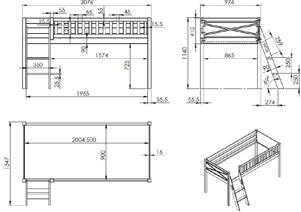 Vipack Hoogslaper Scott met schuine ladder, ligoppervlak 90 x 200 cm, doek, pockets, 4 designs