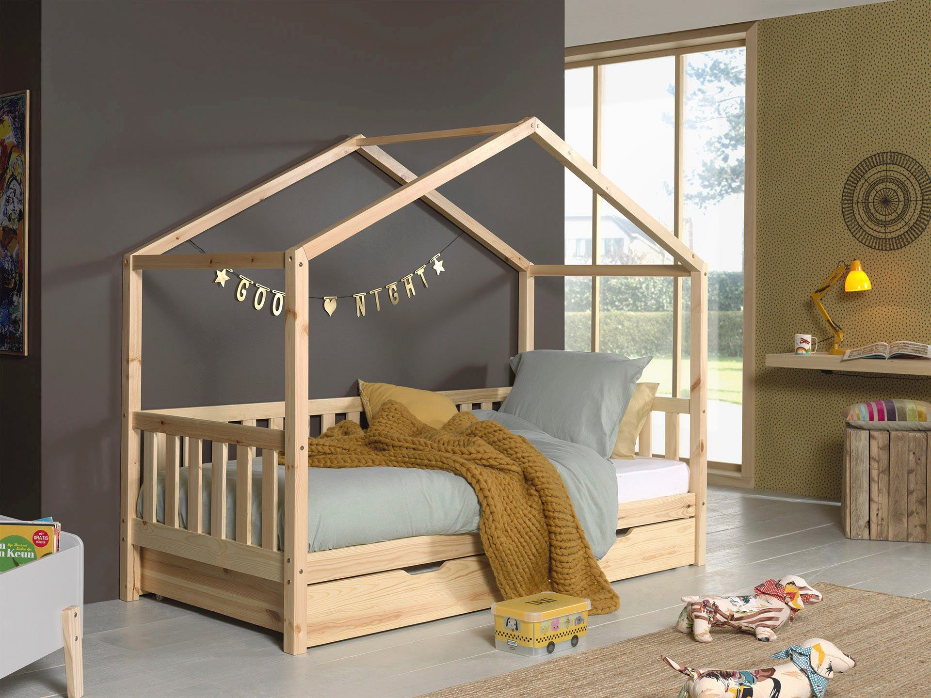 Vipack Huisbed Dallas naar keuze met onderbedlade of stoffen hemel, uitvoering ecru of wit eenpersoonsbedden beige