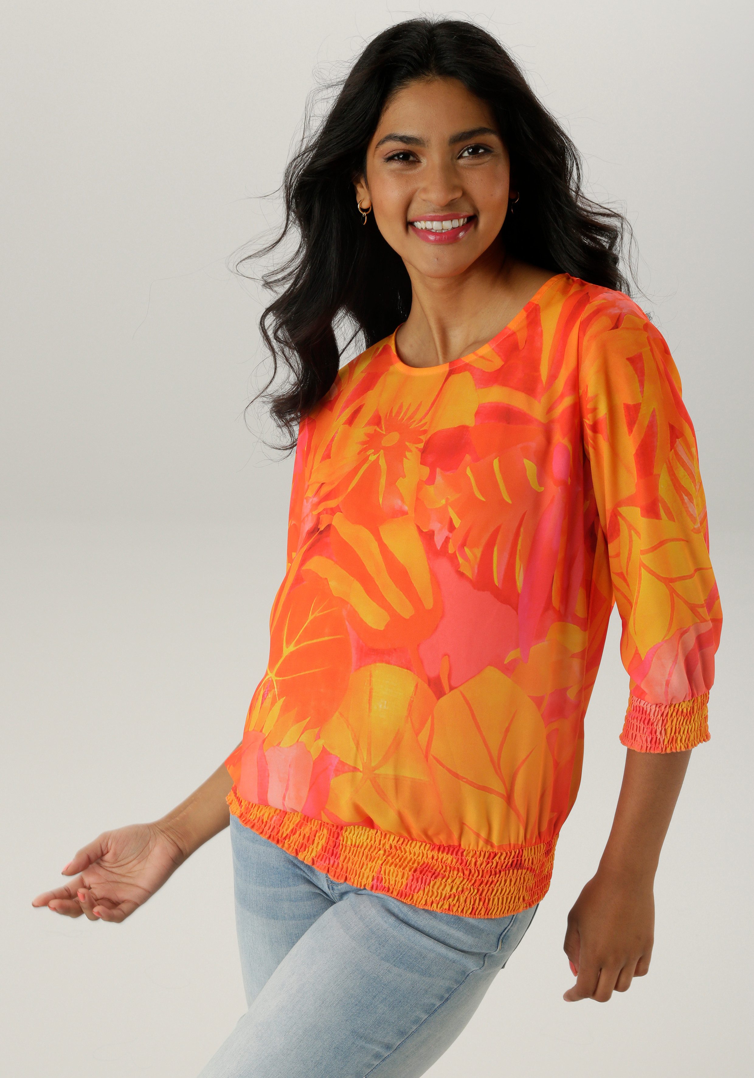 Aniston SELECTED Blouse zonder sluiting met smokboord en allover bloemenpatroon nieuwe kollectie