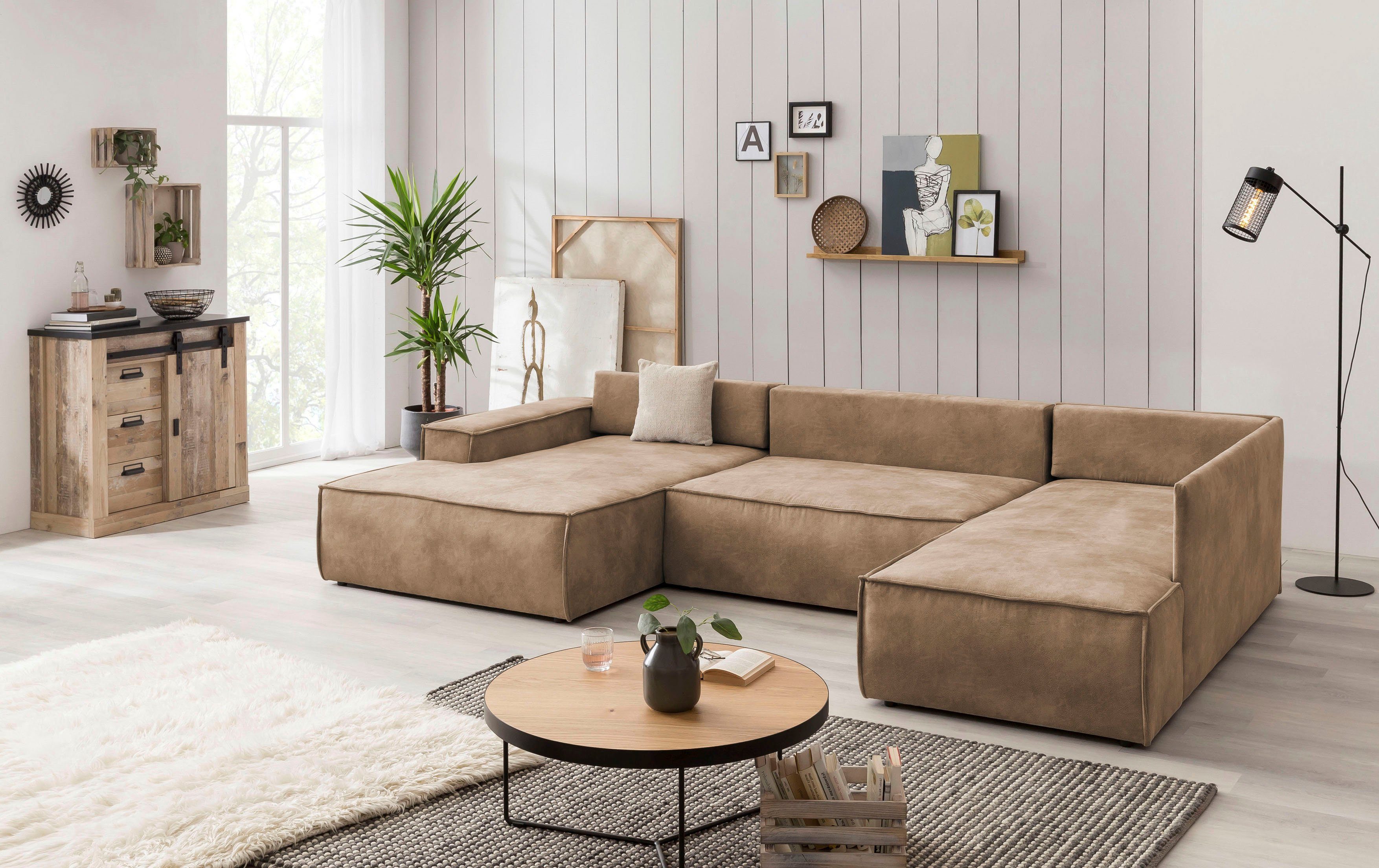 Home affaire Zithoek SHERWOOD 329 cm, U-vorm, slaapbank, Slaapfunctie met bedkist (194x139 cm), cord, vintage, fluweel