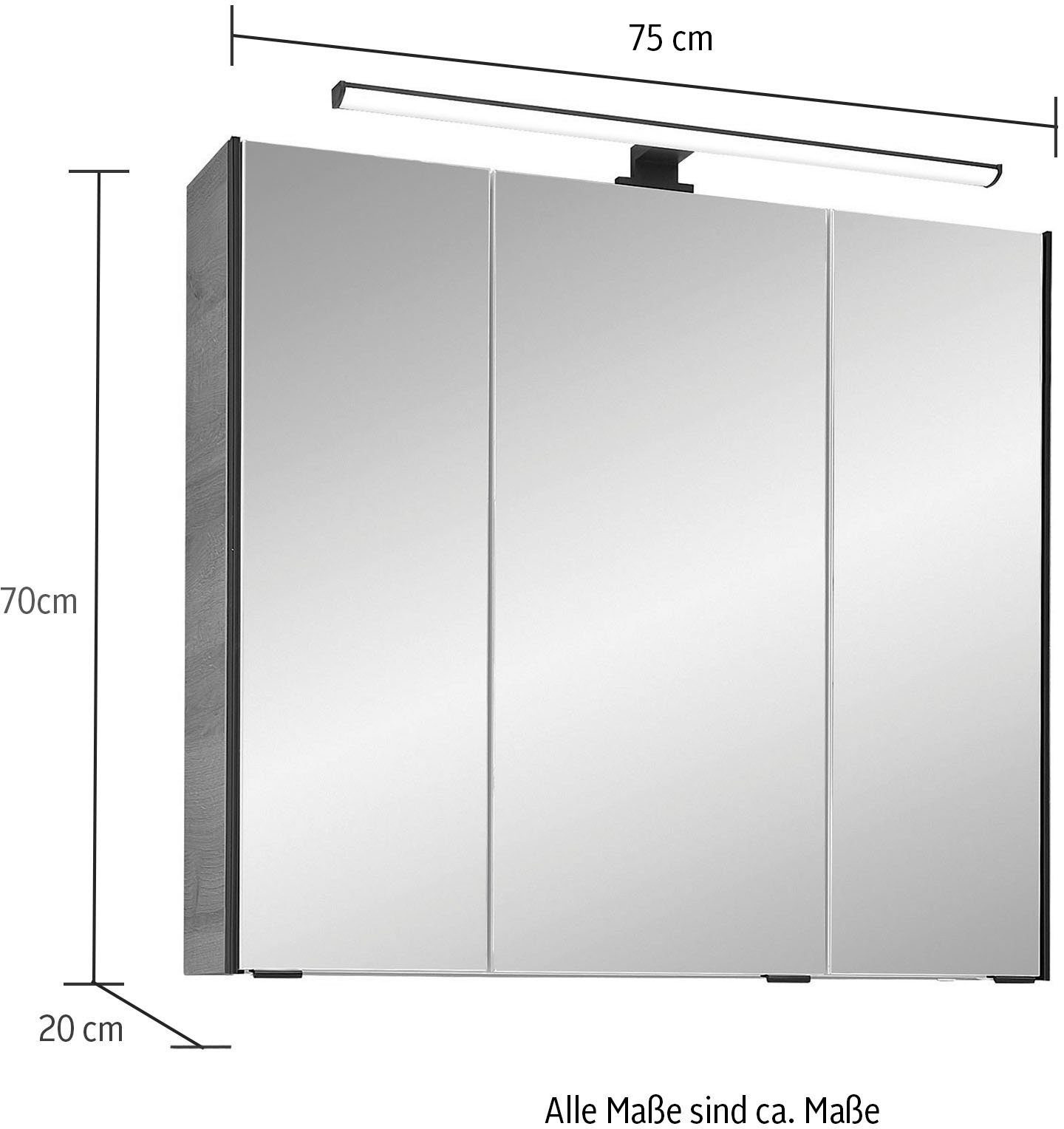 Saphir Badkamerspiegelkast Quickset 395 Badkamermeubel, 3 spiegeldeuren, 6 planken, 75 cm breed