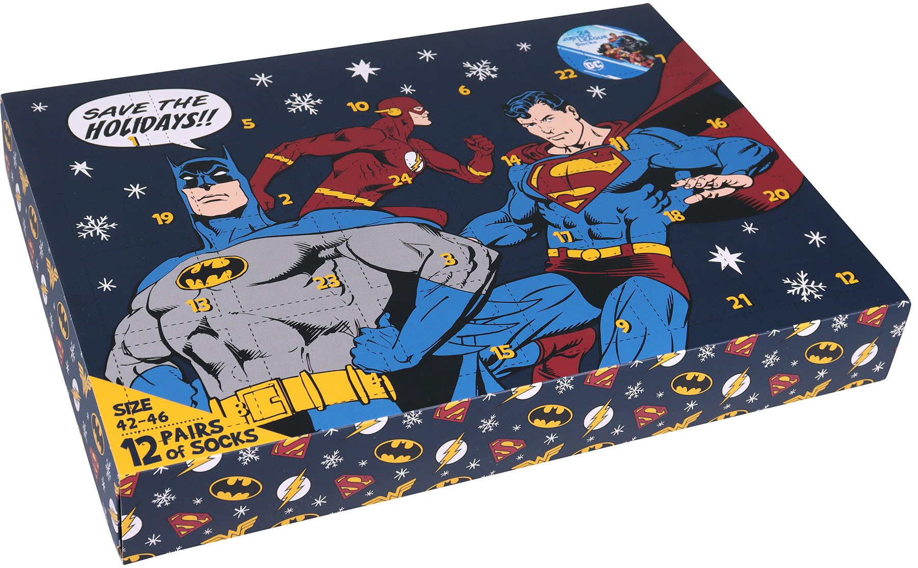 Capelli New York Adventskalender Kalender met 24 deuren, 12 paar sokken van Superman, Matman, Marvel