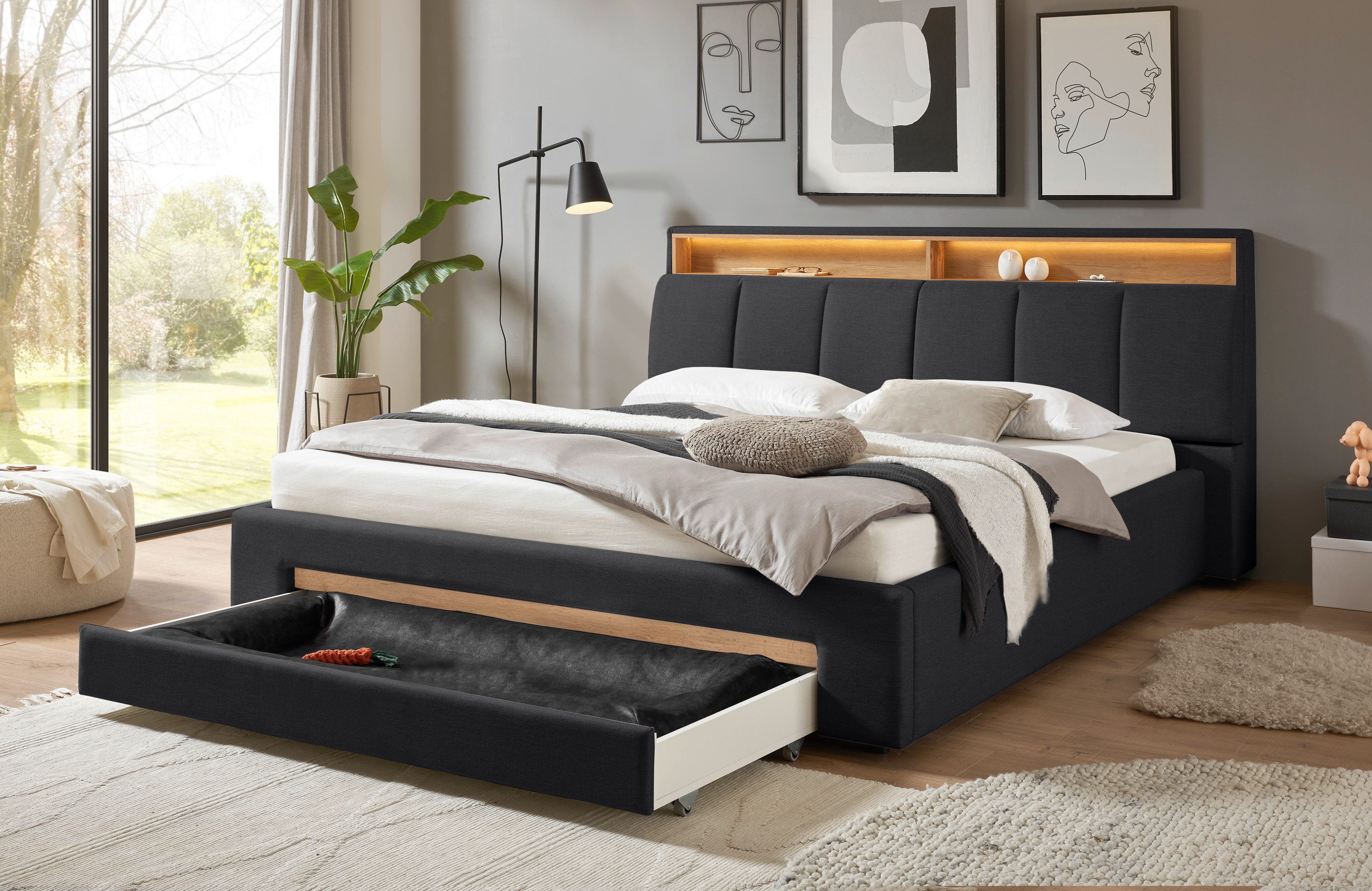 INOSIGN Gestoffeerd bed CiTY/GiRON,, gepolsterd opbergbed, met LED-verlichting Bedkisten met hondenbed of als opbergruimte, opklapbare hoofdeinden