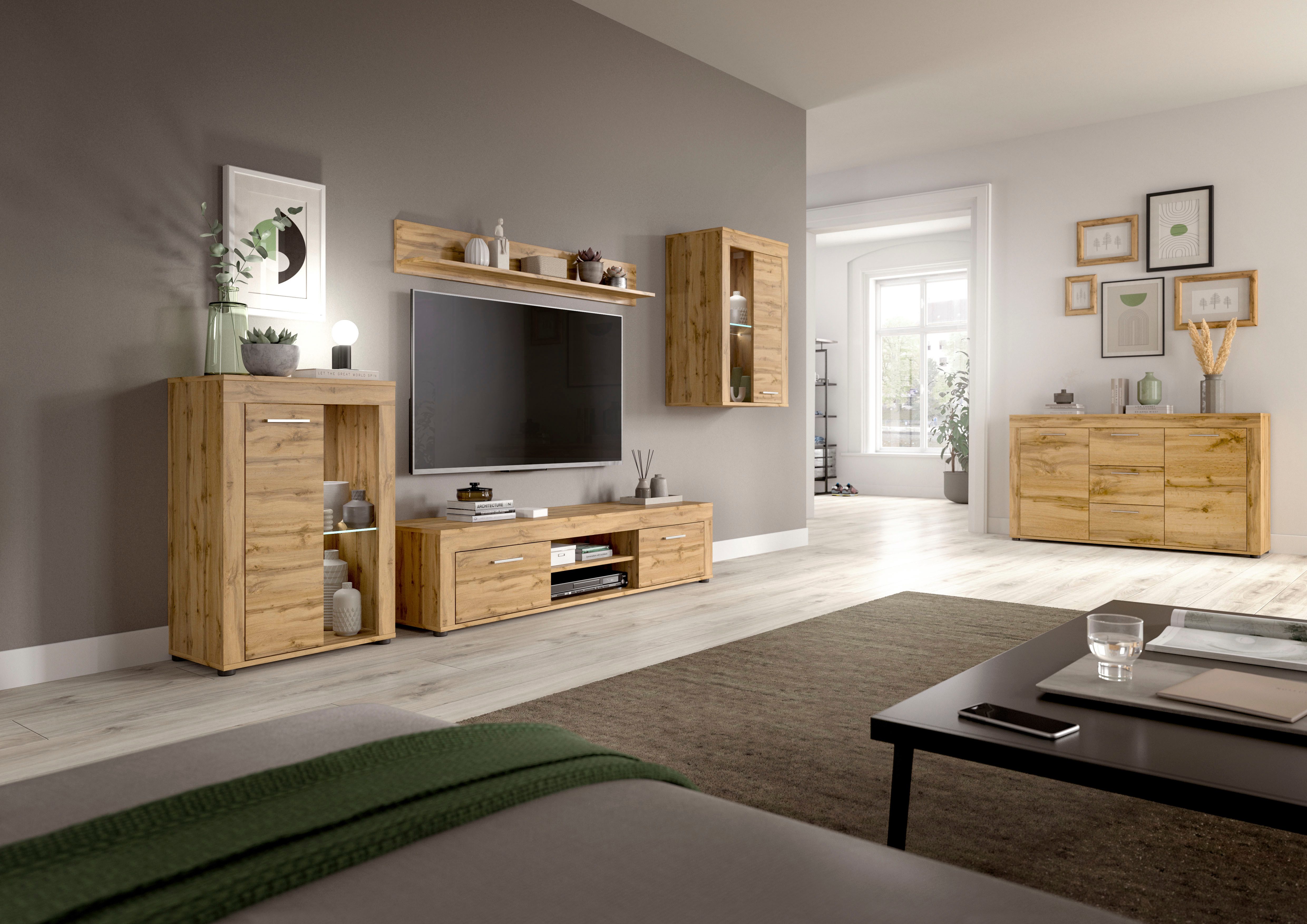 INOSIGN Wandmeubel Aosta, 4-delig, bestaande uit: highboard, lowboard, wandplank & vitrinekast (4-delig)