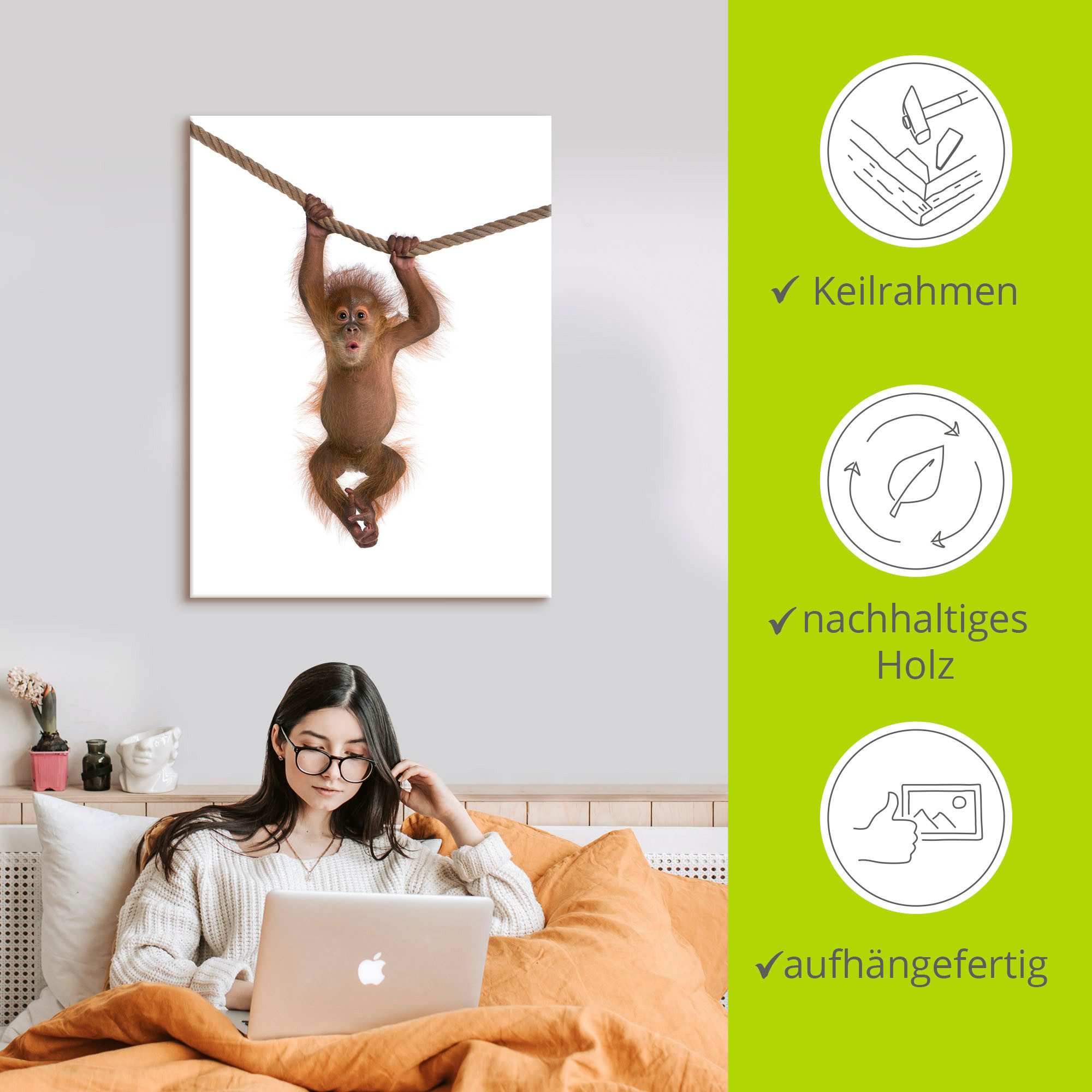 Artland Artprint Baby orang oetan hangt aan het touw II als artprint van aluminium, artprint voor buiten, artprint op linnen, poster, muursticker