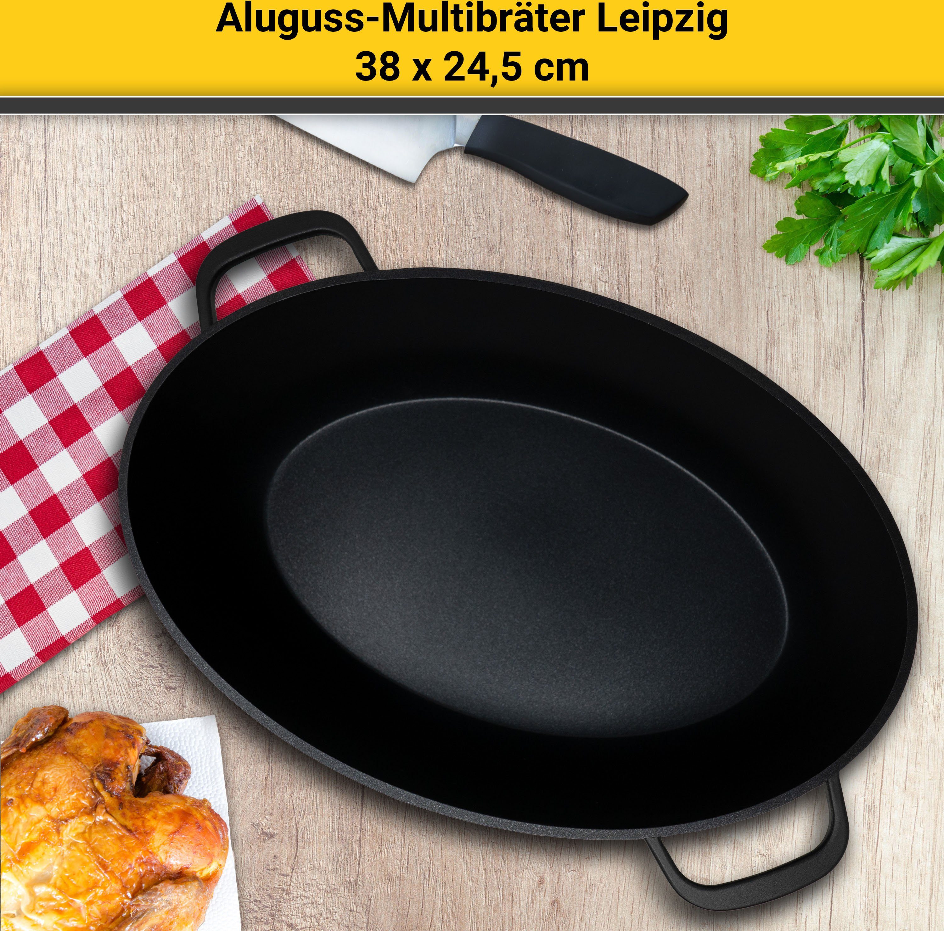Krüger Braadpan Aluminium multicooker met grilldeksel LEIPZIG, 38 x 24,5 x 13 cm