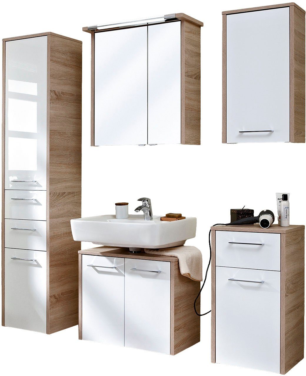 Saphir Badkamerserie Quickset 382 5-delig, wastafelonderkast met led-spiegelkast Hoge kast, onderkast, hangend kastje, inclusief deurdemper, 8 deuren