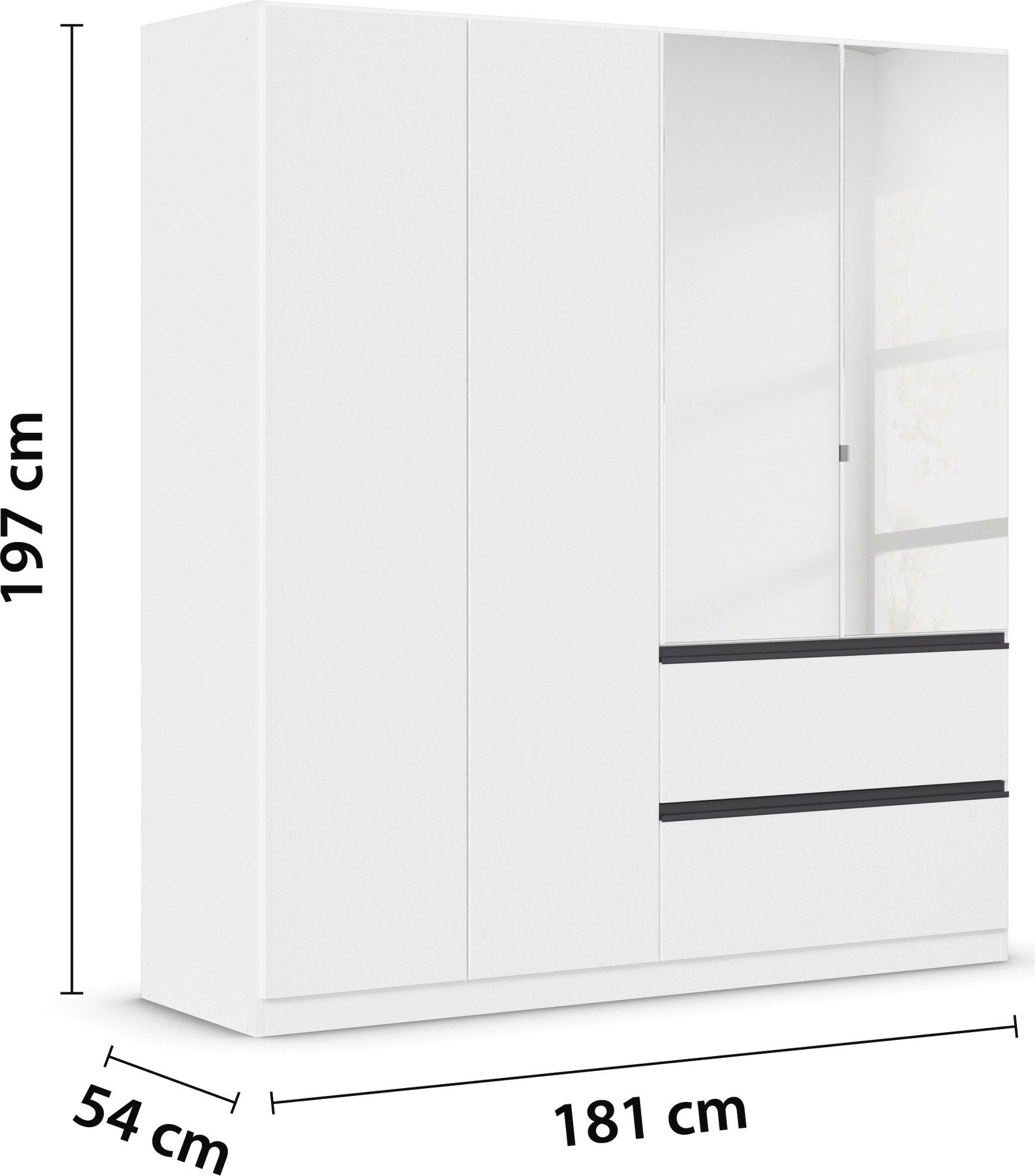 rauch Draaideurkast Kledingkast Kast Garderobe Wasmand COSTA in 3 Breedtes met spiegel, greeploos front en push-to-open functie made in germany
