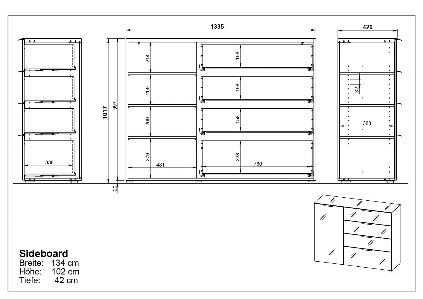 GERMANIA Dressoir OAKLAND in 2 breedten, fronten en bovenblad met glas-inlay