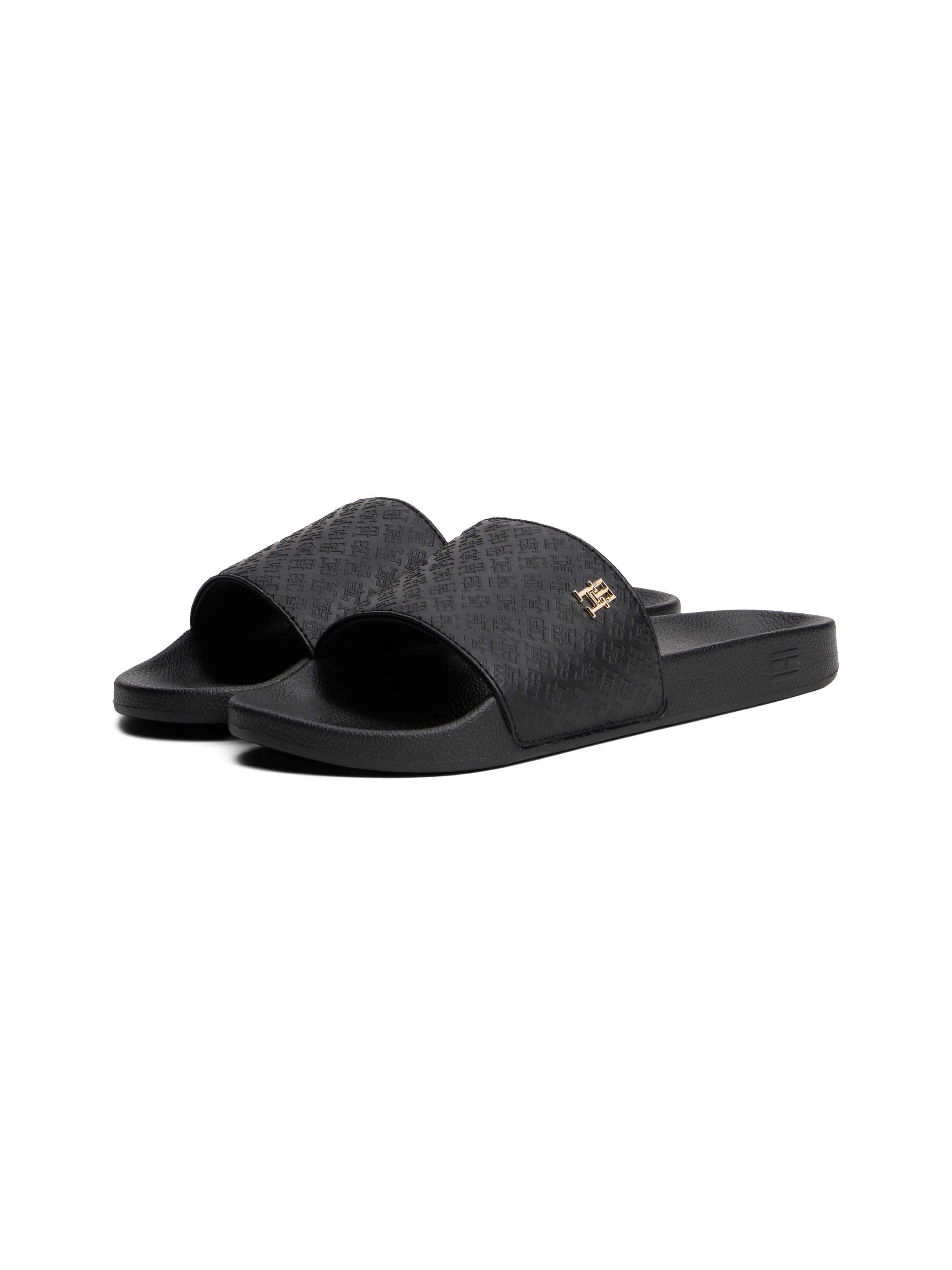 Tommy Hilfiger Slippers TH MONOGRAM POOLSIDE , comfort-schoen, zomerschoen, instapschoen met th-sieraad dames sandaaltjes maat 37 zwart