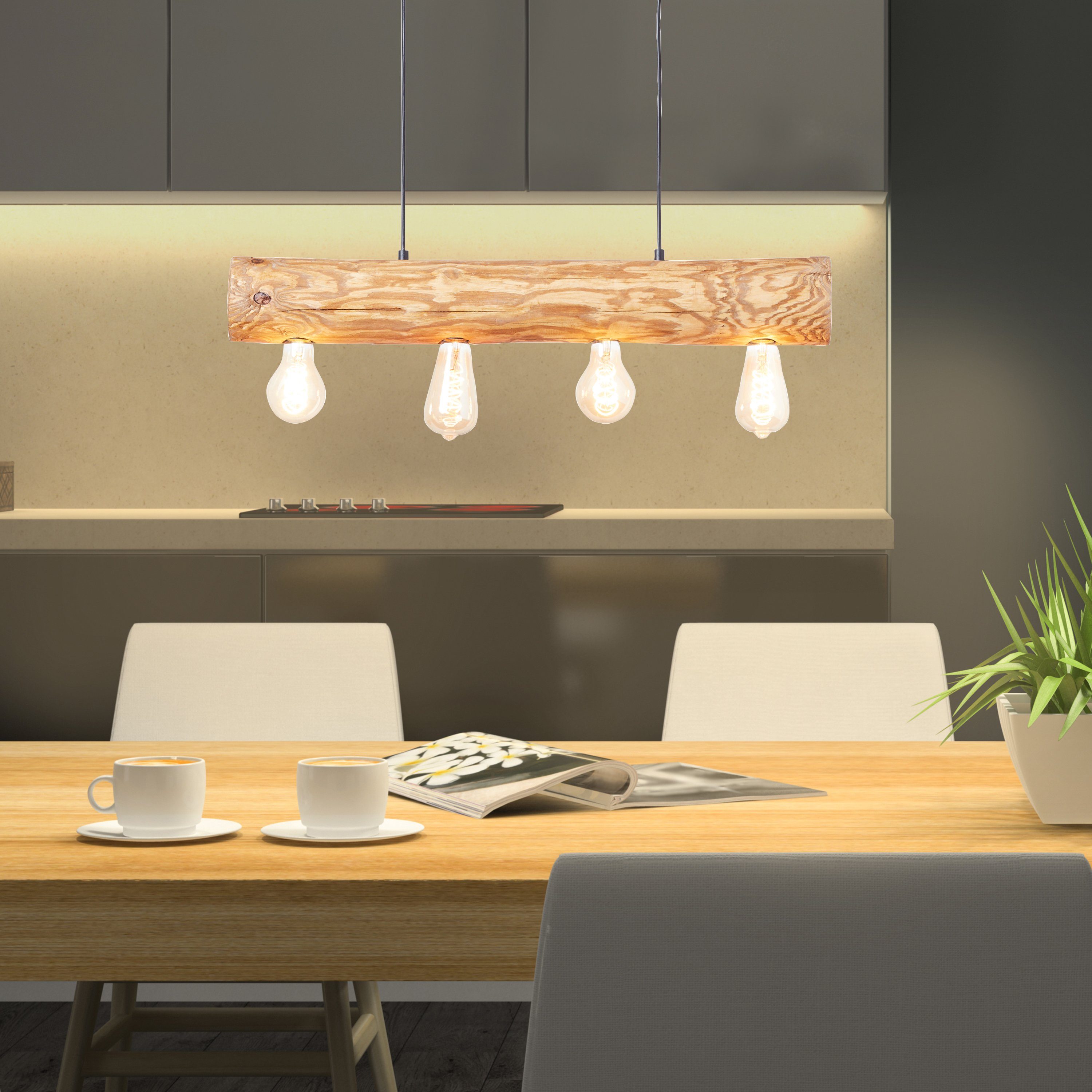 Brilliant Leuchten Hanglamp TRABO 105 cm hoogte, 70 cm breedte, 4 x e27, in te korten, hout / metaal, grenen gebeitst (1 stuk)