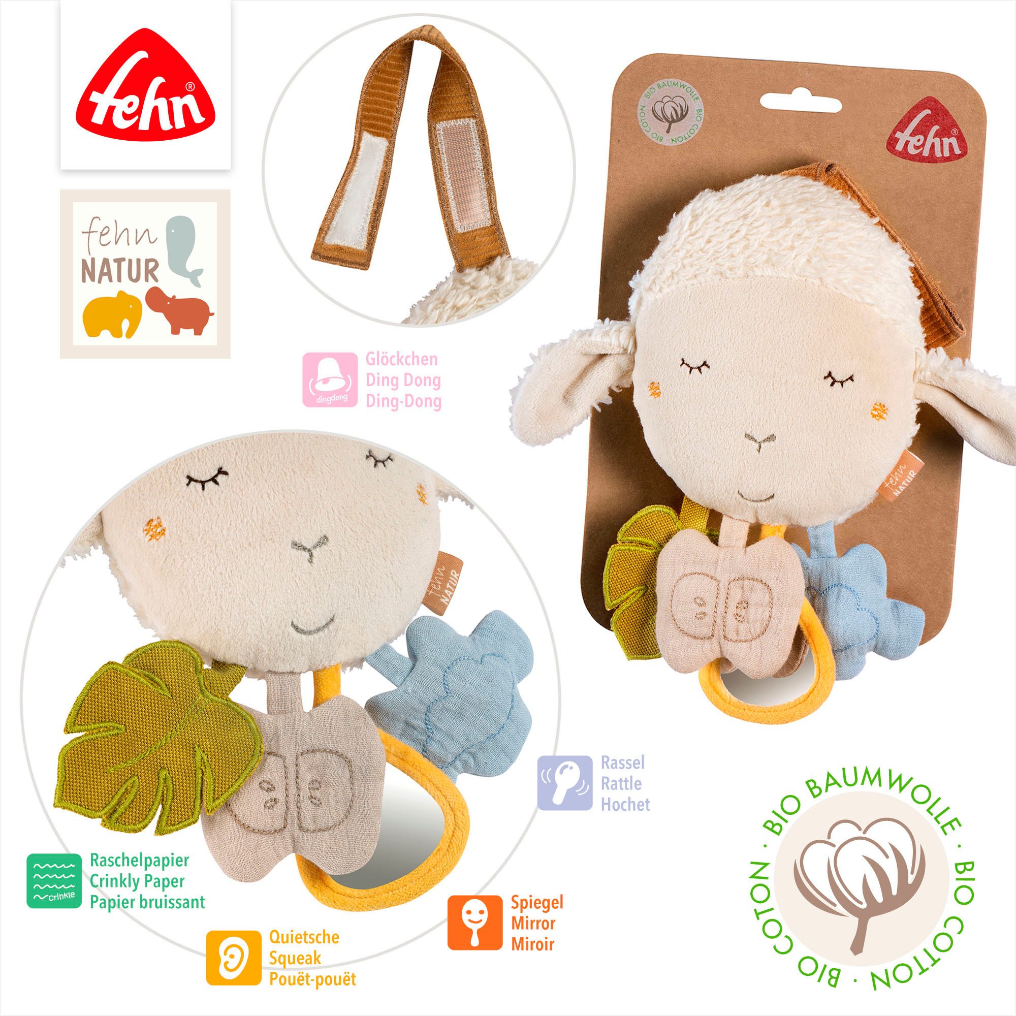 Fehn Grijpspeeltje FehnNATUR, activiteit-schaap ter bevestiging aan kinderwagen, babyzitje of bed