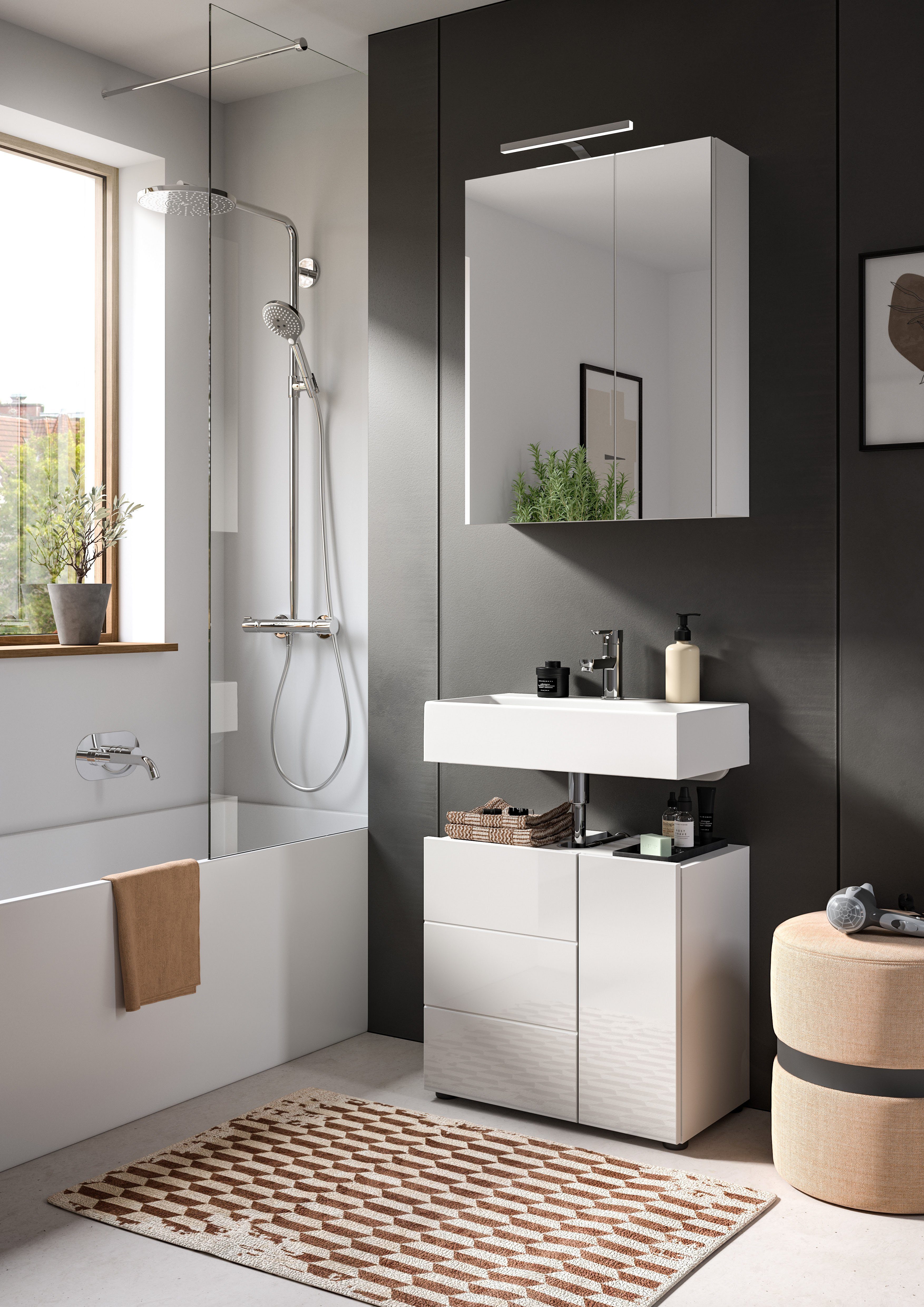 welltime Badmeubelset BIEL, TOPSELLER!, 2-delig, hoogwaardige MDF front, groeflook Badmeubels, combinatie, combi, badkamer, badcombinatie, badkast (2 stuks)
