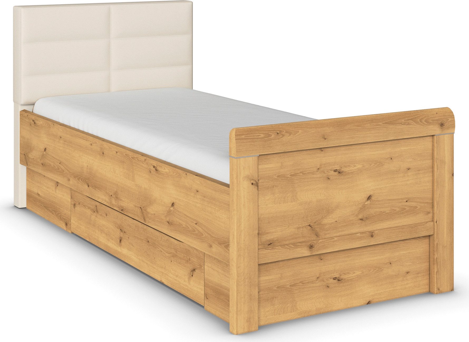 rauch Ledikant met bergruimte Bed Eenpersoons Stollenbed Bedkasten EVELYN in comfortabele hoogte met gestoffeerd hoofdeinde en lades made in germany