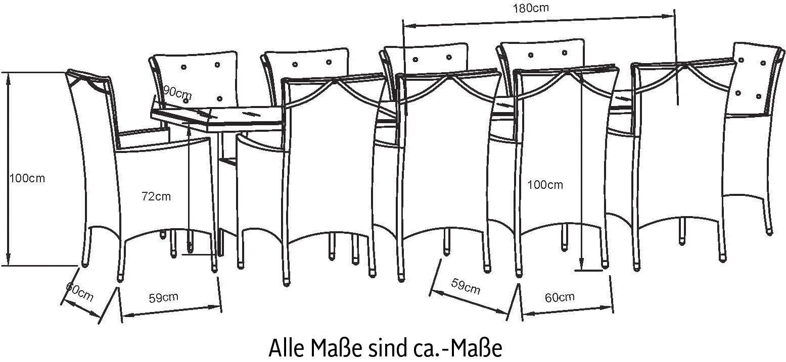 KONIFERA Tuin-eethoek Belluno 2 van de 10 stoelen zijn traploos verstelbaar, tafelblad van veiligheidsglas (set, 21-delig)